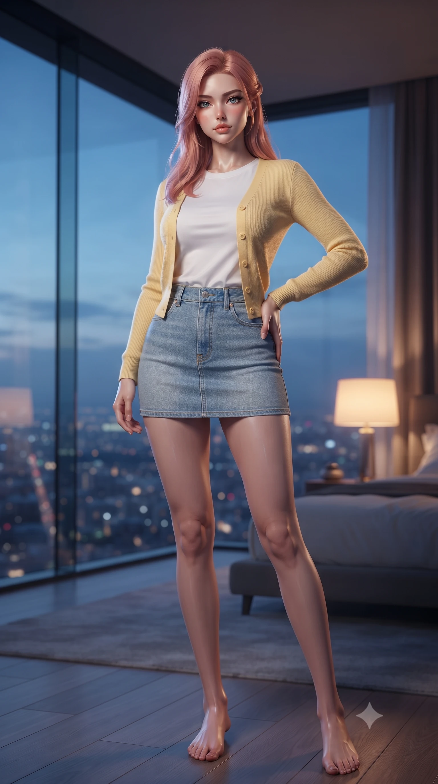 score_9, masterpiece, best quality, ultra-detailed, high-budget anime keyframe, editorial fashion photography, tasteful artistic composition, Japanese woman woman. low angle full-body shot from head to toe showing her feet, filling the entire 9:16 vertical frame with her statuesque presence, stretching her vertical silhouette. posing confidently with one hand on her hip, stretching her statuesque body to emphasize her curves the background shows a soft-focus a private penthouse bedroom with floor-to-ceiling glass walls overlooking a distant city grid. She has an absolutely perfect, statuesque 8.5-heads proportion, an exceptionally tall and slender model-like female figure with impossibly long slender legs and an ultra-slim waist. sharp v-shaped jawline, high-bridge nose, intricate jewel-like eyes with depth, thick eyelashes, glossy lips with a natural sheen. wearing a body-hugging soft yellow cardigan over a white t-shirt and light blue denim skirt. cool blue city twilight key light contrasting with the warm amber glow of a bedside lamp. ultra-reflective glossy finish, specular highlights, metallic sheen, high-contrast stereoscopic depth, volumetric dynamic lighting, 2k, ultra detail, master piece, 9:16 ratio