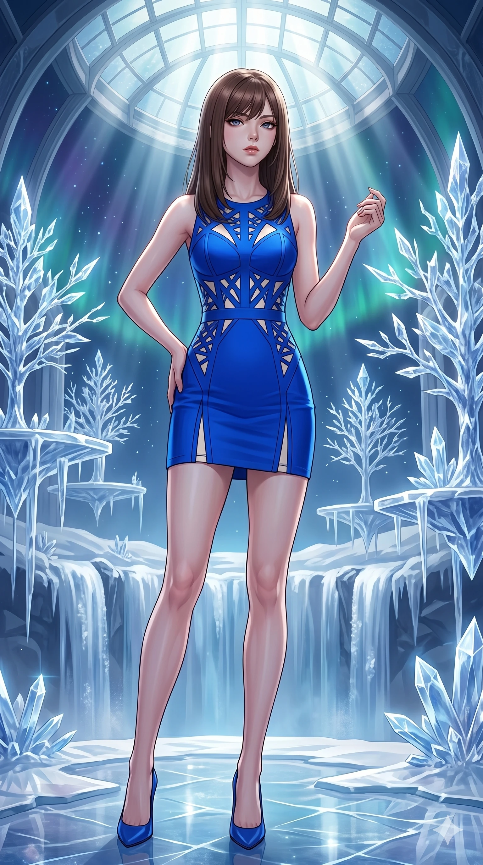score_9, masterpiece, best quality, ultra-detailed, high-budget anime keyframe, editorial fashion photography, tasteful artistic composition, Japanese woman. cowboy shot from the thighs up, character and outfit filling the frame for maximum editorial presence. Gazing past the camera with an air of effortless superiority within a dreamlike floating winter kingdom with frozen crystal trees and aurora skies. She has an absolutely perfect 8-heads proportion, an exceptionally tall and slender female figure with impossibly long slender legs and an ultra-slim waist. V-shaped jawline, high-bridge nose, intricate jewel-like eyes with depth, thick eyelashes, glossy lips with a natural sheen. wearing a vivid electric cobalt structured fitted mini dress with intricate laser-cut geometric patterns at the torso and waist revealing glimpses of the underlining in contrasting ivory. drenched in cinematic god-ray sunlight descending from a vaulted glass ceiling, illuminating her form. 2k, ultra detail, master piece, 9:16 ratio