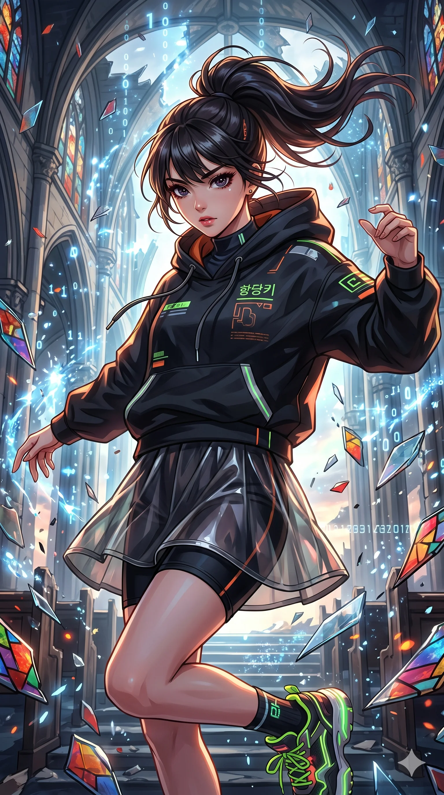 score_9, masterpiece, best quality, ultra-detailed, Set A: High-budget Anime Keyframe, Korean woman. Upper body close-up from the thighs up, character filling the screen for maximum presence. Dancing through a shattered glass cathedral, while a digital blizzard of 229 bits obscures the horizon and surrounded by glowing energy sparks. She has an absolutely perfect 8-heads proportion, an exceptionally tall and slender female figure with impossibly long slender legs and an ultra-slim waist. Sharp v-shaped jawline, high-bridge nose, intricate jewel-like eyes with depth, thick eyelashes, glossy lips with a natural sheen. Wearing Streetwear tech-hoodie with a transparent PVC skirt and neon sneakers. Cinematic lighting, vibrant colors, dramatic shadows, 2k, ultra detail, master piece, 9:16 ratio