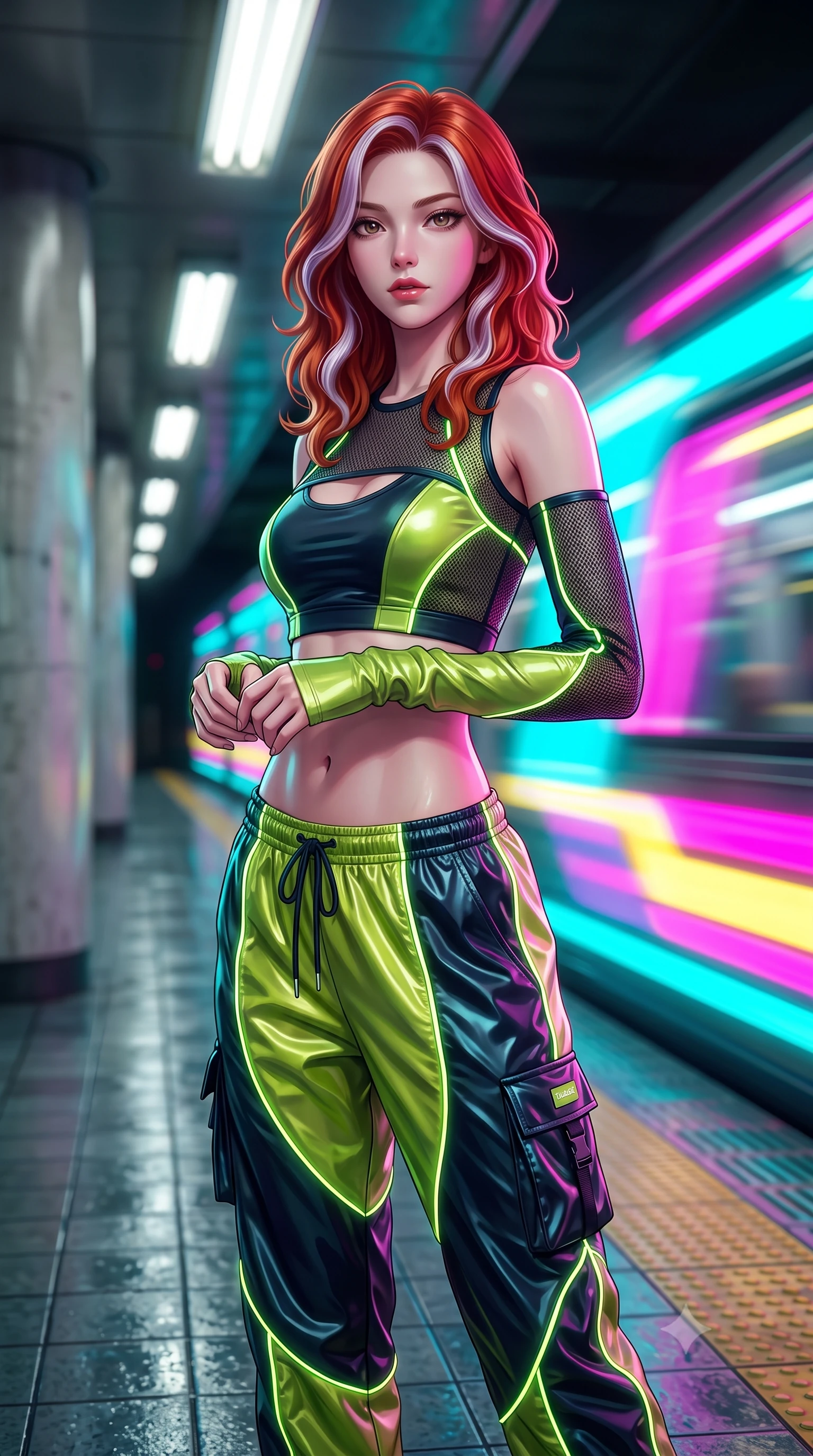 score_9, masterpiece, best quality, ultra-detailed, high-budget anime keyframe, semi-realistic 3D game render, editorial fashion photography, tasteful artistic composition, Caucasian woman. close-up cowboy shot from the waist and thighs up, the character dominates the composition, filling the frame with her large presence. holding her hands loosely in front with regal, aristocratic poise, radiating an overwhelming high-society aura while pivoting sharply on the wet tiled subway platform as an incoming neon-lit maglev train rushes past in a blur of light. The composition keeps background elements in soft focus with creamy bokeh. subway platform columns and flickering fluorescent ceiling fixtures softened in moody shallow focus. She has an exceptionally elegant, slender, and willowy female figure with an ultra-slim waist, a gracefully sculpted slender torso, toned flat midriff, and a refined slim silhouette. sharp v-shaped jawline, high-bridge nose, intricate jewel-like eyes with depth, thick eyelashes, glossy lips with a natural sheen, captivating and magnetic expression, flawlessly proportioned anatomical accuracy, strict slender model proportions, natural body alignment, perfectly sculpted long slender limbs, ultra-slim waistline, clean dynamic posture without body distortion. wearing a sporty Y2K mesh-paneled crop top with asymmetrical sleeve warmers and low-slung metallic track pants in acid lime green and dark obsidian, made of breathable technical athletic mesh and liquid-finish track nylon, finished with glowing fiber-optic seam piping and miniature utility pouches, the breezy yet form-flattering drape swaying gracefully with her steps, accentuating her long willowy limbs and slim waistline. surrounded by an edgy, electrifying, and irresistibly cool cyber-street idol aura. highly saturated vibrant anime colors, detailed shading with soft gradients, rich glossy textures, high-contrast stereoscopic depth, volumetric dynamic lighting, master piece, 9:16 ratio