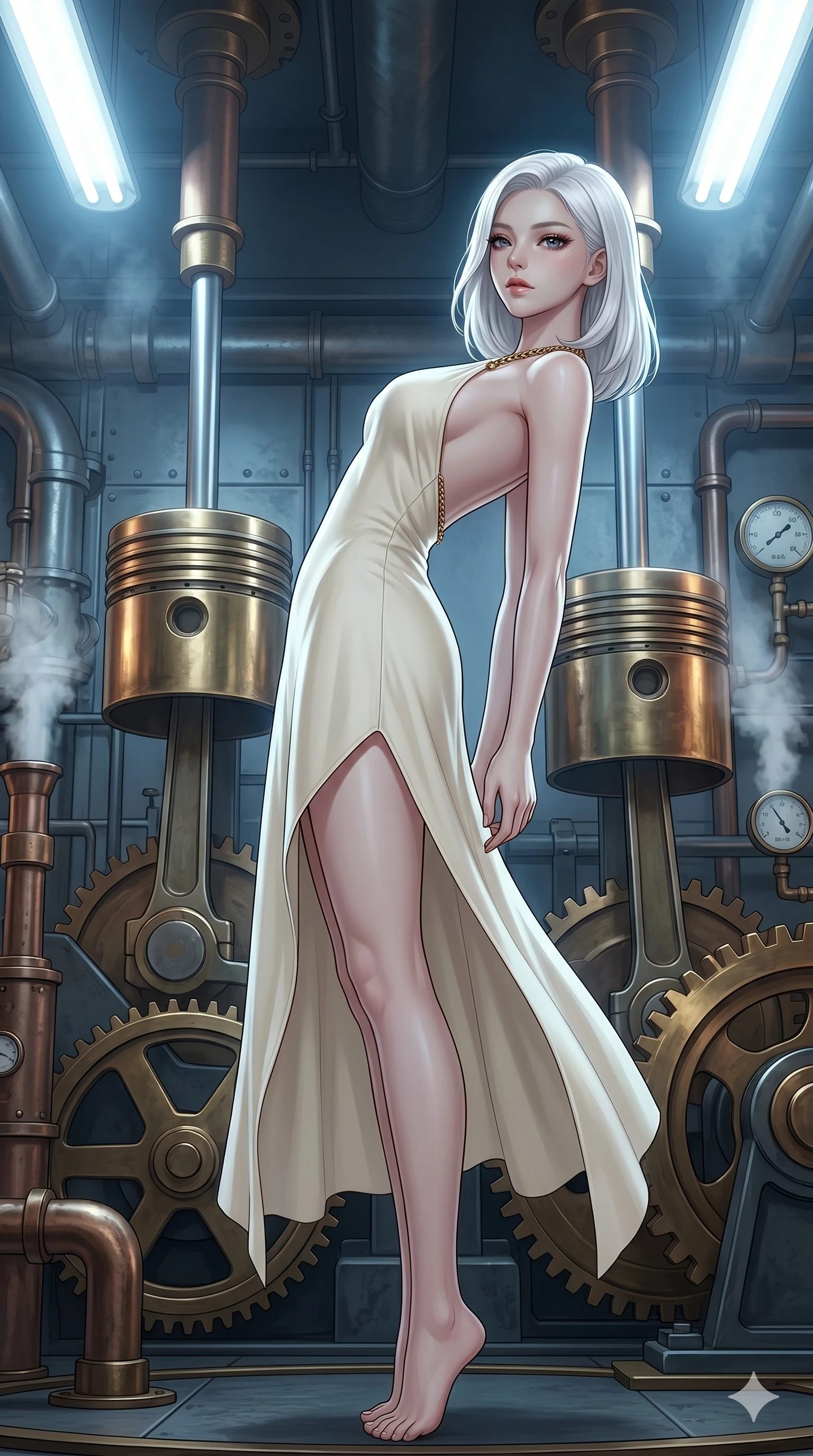 score_9, masterpiece, best quality, ultra-detailed, high-budget anime keyframe, editorial fashion photography, tasteful artistic composition, Korean woman. low angle full-body shot from head to toe showing her feet, filling the entire 9:16 vertical frame with her statuesque presence, stretching her vertical silhouette. Arching her back in a graceful, controlled backward bend, creating a striking statuesque silhouette within a steampunk engine room with giant pistons moving up and down. She has an absolutely perfect 8-heads proportion, an exceptionally tall and slender female figure with impossibly long slender legs and an ultra-slim waist. V-shaped jawline, high-bridge nose, intricate jewel-like eyes with depth, thick eyelashes, glossy lips with a natural sheen. wearing a minimalist cream-white halter dress with a single gold chain strap and an elevated side hemline. under cold white laboratory lights with soft blue fill lighting, creating a sterile yet beautiful mood. 2k, ultra detail, master piece, 9:16 ratio