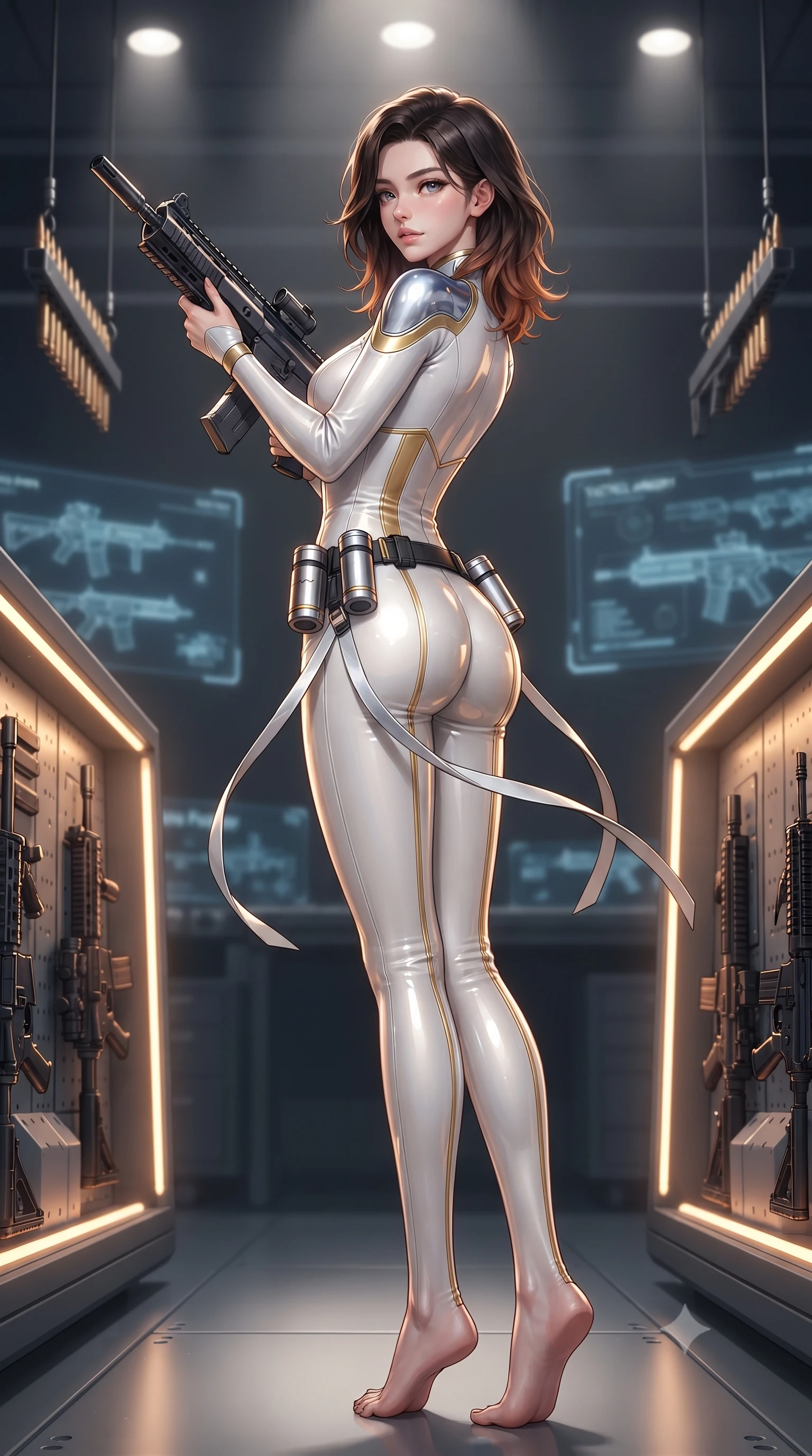 score_9, masterpiece, best quality, ultra-detailed, high-budget anime keyframe, editorial fashion photography, tasteful artistic composition, Korean woman. low angle full-body shot from head to toe showing her feet, filling the entire 9:16 vertical frame with her statuesque presence, stretching her vertical silhouette. executing a cheerful mid-motion pivot turn as her tactical belt and ribbons flutter around her slender legs, glancing over her shoulder with an intoxicating, teasing bedroom-gaze while standing poised between rows of glowing magnetic weapon racks, arching her back with dangerous seductive poise while inspecting an energy rifle. The background shows a soft-focus suspended ammunition loading arms and holographic weapon schematics softened in tactical armory shallow focus. She has an absolutely perfect, statuesque 8.5-heads proportion, an exceptionally tall and slender model-like female figure with impossibly long slender legs, an ultra-slim waist, a flat toned midriff, narrow delicate ribcage, and beautifully sculpted feminine hips creating a graceful, slim hourglass silhouette without any bulky heaviness. sharp v-shaped jawline, high-bridge nose, intricate jewel-like sparkling eyes with depth, thick eyelashes, glossy parted lips with a natural sheen, bright confident smile with an enchanting and coquettish sensual glint, exuding both youthful magnetic charm and sovereign high-tech allure, flawlessly proportioned anatomical accuracy, strict slender model proportions, natural body alignment, perfectly sculpted long slender limbs, ultra-slim waistline, clean dynamic posture without body distortion. wearing a form-fitting white-and-gold zero-gravity EVA jumpsuit with an ultra-slim corseted waist and exposed clavicle line in liquid chrome silver and pitch black, tailored from ultra-reflective glossy liquid vinyl with mirror-like specular highlights, accented with a sleek utility belt with polished magnetic canisters resting loosely on her curvy hips, the form-contouring cut accentuating her sculpted flat midriff, narrow delicate ribcage, and gracefully curvy hips with cybernetic supermodel precision. illuminated by focused overhead spotlighting and sharp amber rim lights defining her slim torso, narrow waist, and curvy hips. ultra-reflective glossy finish, specular highlights, rich textural contrasts, high-contrast stereoscopic depth, volumetric dynamic lighting, 2k, ultra detail, master piece, 9:16 ratio