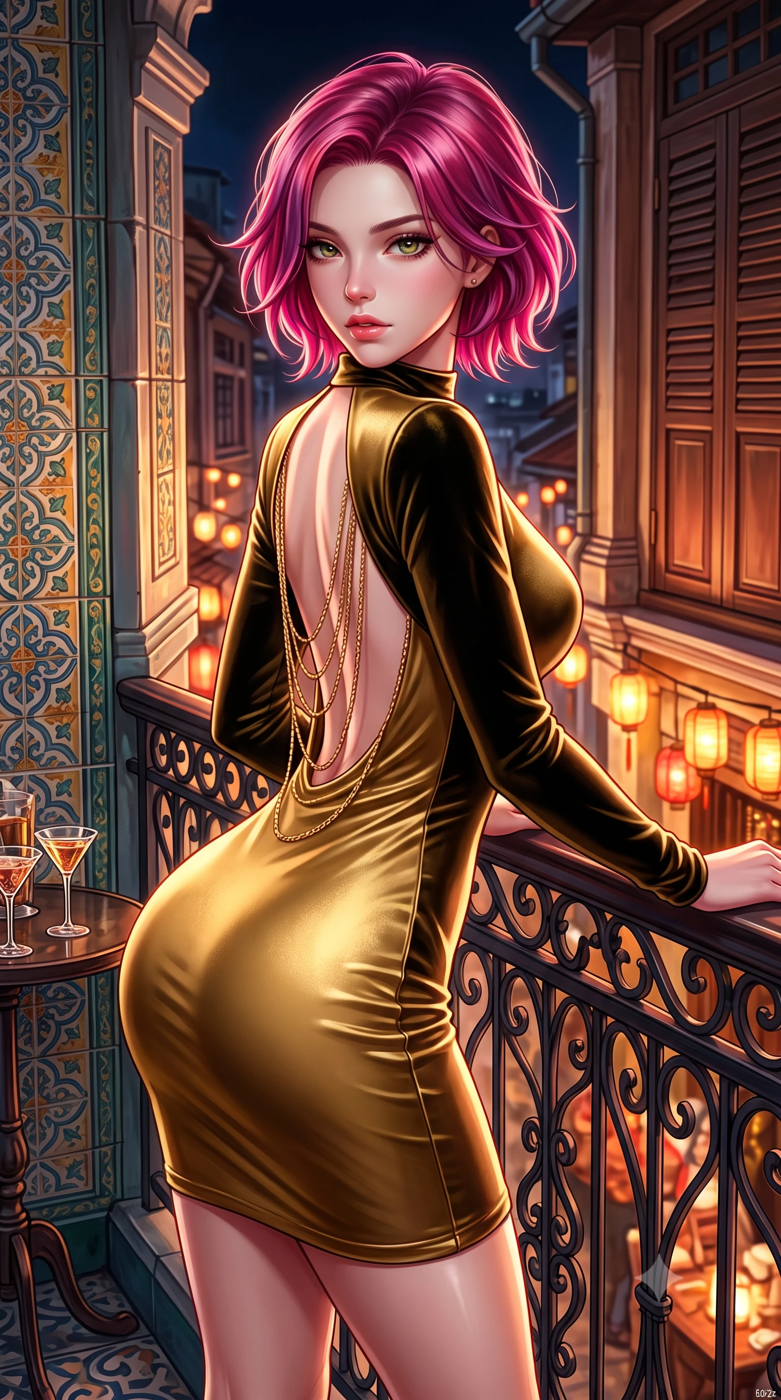 score_9, masterpiece, best quality, ultra-detailed, high-budget anime keyframe, semi-realistic 3D game render, editorial fashion photography, tasteful artistic composition, Caucasian woman. close-up cowboy shot from the waist and thighs up, the character dominates the composition, filling the frame with her large presence. leaning forward while arching her lower back to accentuate her curvy hips, looking into the camera with an intoxicating smoldering gaze and bedroom-eyes while leaning against the vintage wrought-iron balcony railing with hips cocked back, looking down at bustling lantern-lit alleys with smoldering bedroom-eyes. The surrounding environment is rendered in vivid detail and crisp panoramic clarity: sharp hand-painted Peranakan majolica ceramic tile relief, historic timber louver shutter details, and cocktail glass facets in deep focus. She has an exceptionally elegant, slender, and willowy female figure with an ultra-slim waist, flat toned midriff, narrow ribcage, and sculpted feminine hips creating an alluring, slim hourglass silhouette without bulk. sharp v-shaped jawline, high-bridge nose, intricate jewel-like sparkling eyes with depth, thick eyelashes, glossy parted lips with a natural peach sheen, bright cheerful beaming smile with an enchanting and coquettish sensual glint, exuding both youthful cute charm and seductive allure, flawlessly proportioned anatomical accuracy, strict slender model proportions, natural body alignment, perfectly sculpted long slender limbs, ultra-slim waistline, clean dynamic posture without body distortion. wearing a tailored velvet bodycon cocktail dress with long fitted sleeves and mock neck in Viennese golden secession noir and imperial 24k gold leaf, crafted from fluid liquid silk satin that clings smoothly to her narrow waist and rounded hips with a dewy sheen, accented with an open-back drape framed by falling strands of delicate gold chains, the impeccably tailored cut draping gracefully along her slender figure with aristocratic poise. illuminated by bar counter reflection fill and sharp rose-gold rim lights defining her razor-sharp jawline, narrow waist, and curvy hips. highly saturated vibrant anime colors, detailed shading with soft gradients, rich glossy textures, high-contrast stereoscopic depth, volumetric dynamic lighting, master piece, 9:16 ratio