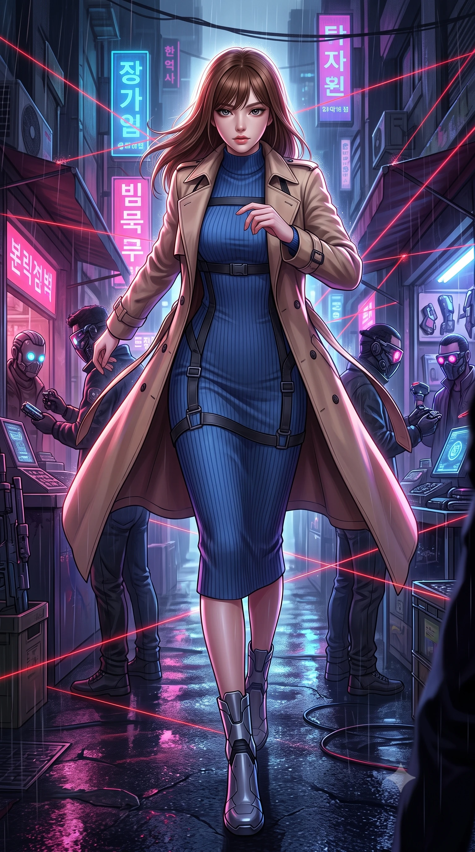 score_9, masterpiece, best quality, ultra-detailed, high-budget anime keyframe, editorial fashion photography, tasteful artistic composition, Korean woman. low angle full-body shot from head to toe showing her feet, filling the entire 9:16 vertical frame with her statuesque presence, stretching her vertical silhouette. dashing through rain-slicked cyberpunk alleyways, dodging laser tripwires with fluid agility through a dark alley bazaar selling hacked military chips and laser weapons, traders wearing glowing optical masks in the shadows. She has a statuesque 8.5-heads proportion, an exceptionally tall, slender and willowy model-like build with impossibly long legs and a highly sculpted ultra-slim waist. sharp v-shaped jawline, high-bridge nose, intricate jewel-like eyes with depth, thick eyelashes, glossy lips with a natural sheen. wearing tailored for maximum mobility, sleek form-contouring panels that allow fluid movement, a body-hugging classic double-breasted beige trench coat layered over a French blue mock-neck ribbed midi dress. highly saturated vibrant anime colors, intense vivid color palette, soft 3D volumetric shading, volumetric dynamic lighting, dramatic backlight creating a radiant halo effect around her entire silhouette. 2k, ultra detail, master piece, 9:16 ratio