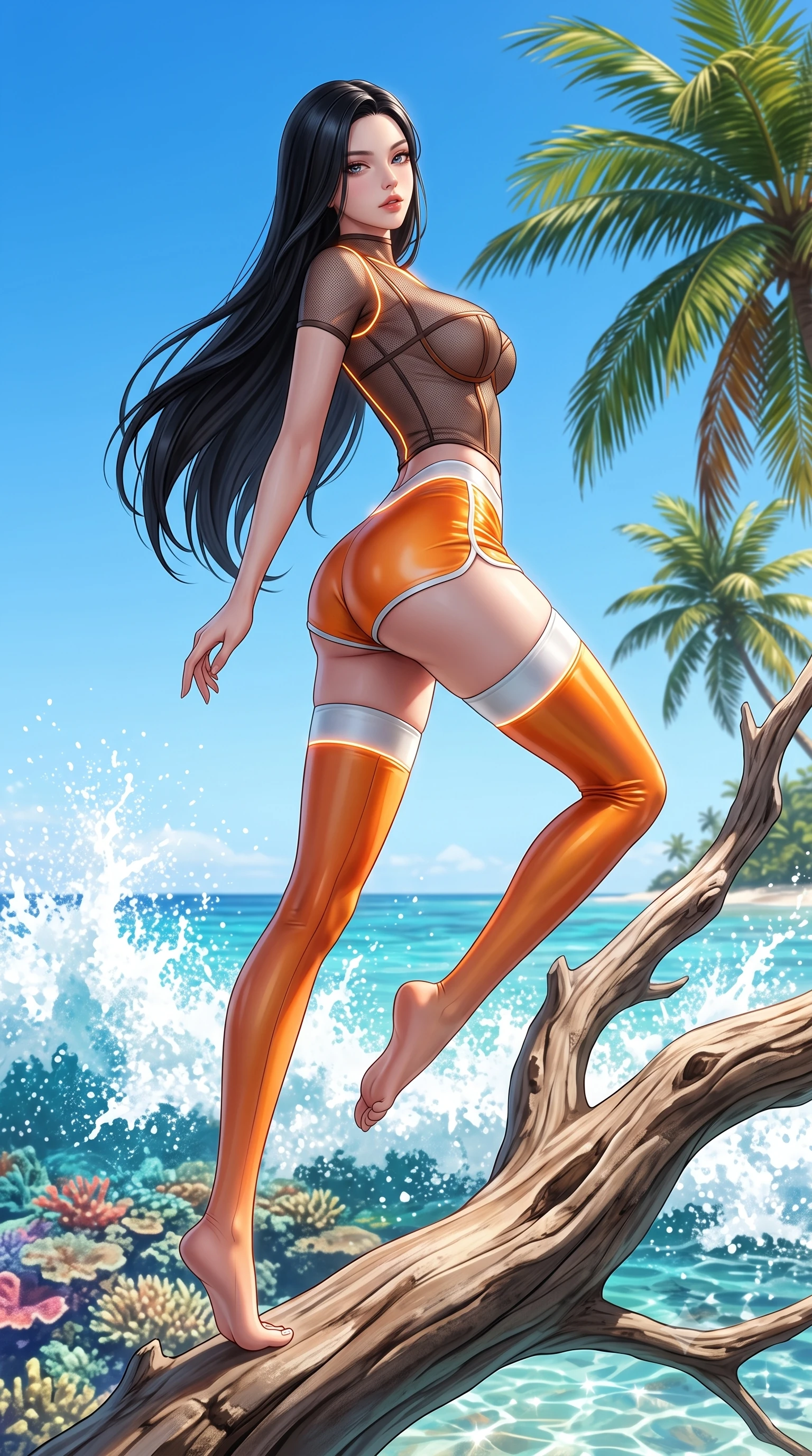 score_9, masterpiece, best quality, ultra-detailed, high-budget anime keyframe, semi-realistic 3D game render, editorial fashion photography, tasteful artistic composition, Korean woman. low angle full-body shot from head to toe showing her feet, filling the entire 9:16 vertical frame with her statuesque presence, stretching her vertical silhouette. pivoting dynamically in mid-motion with a breathtakingly alluring posture, displaying her flawless model proportions and ultra-slim waist while arching her back gracefully on a sun-warmed driftwood branch with the sparkling coral sea stretching behind. The surrounding environment is rendered in vivid detail and crisp panoramic clarity. sharp splashing sea foam crests, tropical palm fronds, and clear azure sky in panoramic clarity. She has an absolutely perfect, statuesque 8.5-heads proportion, an exceptionally tall and slender model-like female figure with impossibly long slender legs, a toned flat midriff, and an ultra-slim waist. sharp v-shaped jawline, high-bridge nose, intricate jewel-like eyes with depth, thick eyelashes, glossy lips with a natural sheen, flawlessly proportioned anatomical accuracy, strict slender model proportions, natural body alignment, perfectly sculpted long slender limbs, ultra-slim waistline, clean dynamic posture without body distortion. wearing a delicate see-through dark mesh top with structured cup boning, paired with high-cut micro-shorts and thigh-high stockings in vivid sunset amber orange and cloud white, made of liquid metal jersey that clings flawlessly to every contour of her build, accented with glowing fiber-optic seams tracing her collarbones and hip curves, the glove-like aerodynamic second-skin fit tightly clinging to her ultra-slender waist and athletic curves without adding bulk, accentuating her razor-sharp statuesque lines and slim hourglass silhouette. surrounded by a fresh, sun-soaked, and breathtakingly sensual tropical paradise ambiance. highly saturated vibrant anime colors, detailed shading with soft gradients, rich glossy textures, high-contrast stereoscopic depth, volumetric dynamic lighting, master piece, 9:16 ratio