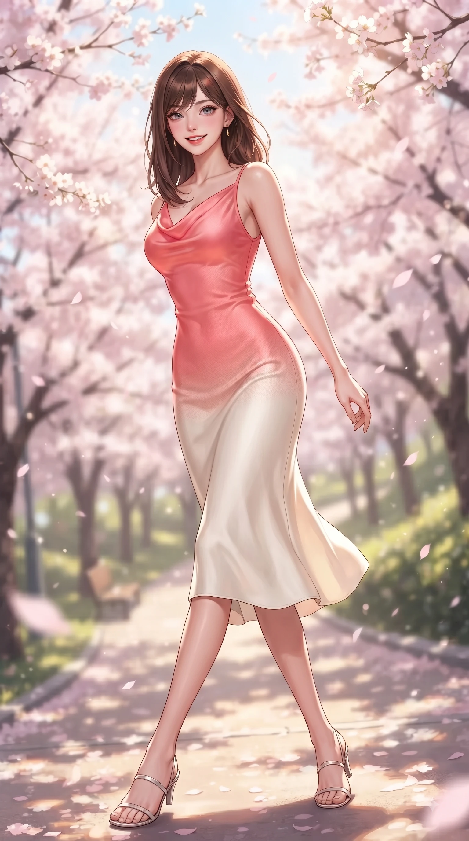 score_9, masterpiece, best quality, ultra-detailed, high-budget anime keyframe, editorial fashion photography, tasteful artistic composition, Korean woman. low angle full-body shot from head to toe showing her feet, filling the entire 9:16 vertical frame with her statuesque presence, stretching her vertical silhouette. pivoting dynamically with a fresh infectious smile, her ultra-slim waist creating a sweeping fluid curve while walking up a sunlit hill path lined with blooming cherry trees in full spring bloom. The composition keeps background elements in soft focus with dreamy bokeh. fluttering sakura petals and sunlit park paths softened in romantic background blur. She has an absolutely perfect, statuesque 8.5-heads proportion, an exceptionally tall and slender model-like female figure with impossibly long slender legs and an ultra-slim waist. sharp v-shaped jawline, high-bridge nose, intricate jewel-like eyes with depth, thick eyelashes, glossy lips with a natural sheen, flawlessly proportioned anatomical accuracy, natural body alignment, perfectly sculpted elegant limbs, clean dynamic posture without body distortion. wearing an elegant cowl-neck silk satin midi dress with a graceful draped neckline in vibrant coral pink and pure ivory, knitted from soft cozy cashmere yarn, accented with a Tasteful chest slit framing her clavicle gracefully, the sleek second-skin texture accentuating her magnetic presence. surrounded by a fresh, sweet, and nostalgic spring park atmosphere. ultra-reflective glossy finish, specular highlights, metallic sheen, high-contrast stereoscopic depth, volumetric dynamic lighting, 2k, ultra detail, master piece, 9:16 ratio