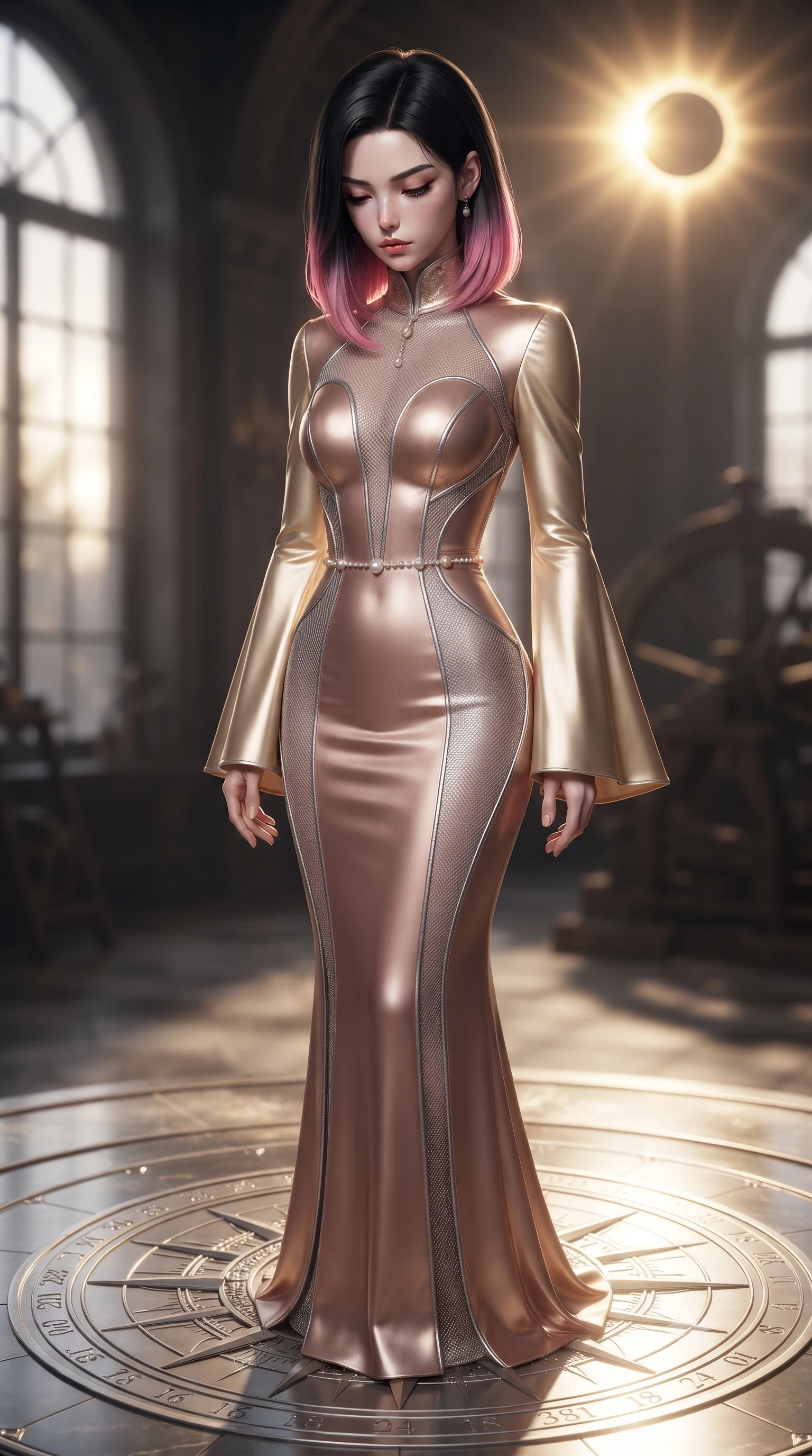 score_9, masterpiece, best quality, ultra-detailed, high-budget anime keyframe, editorial fashion photography, tasteful artistic composition, Korean woman. close-up cowboy shot from the waist and thighs up, the character dominates the composition, filling the frame with her large presence, background elements kept in soft focus. Looking down with lowered lashes and a composed, powerful aura, standing on a platinum sun-dial dial while eclipse light streams through glass panes, high-contrast golden-on-dark lighting emphasizing her vertical pose. She has an exceptionally elegant, slender, and willowy female figure with an ultra-slim waist, a gracefully sculpted slender torso, and a refined silhouette. sharp v-shaped jawline, high-bridge nose, intricate jewel-like eyes with depth, thick eyelashes, glossy lips with a natural sheen. wearing gothic high-collar rose-gold silk evening gown with long bell sleeves in champagne gold, made of fine silver contouring mesh, adorned with minimalist pearl hardware framing the waistline, highlighting her statuesque proportions and ultra-slim waistline. illuminated by the radiant golden corona of a solar eclipse. ultra-reflective glossy finish, specular highlights, metallic sheen, high-contrast stereoscopic depth, volumetric dynamic lighting, 2k, ultra detail, master piece, 9:16 ratio