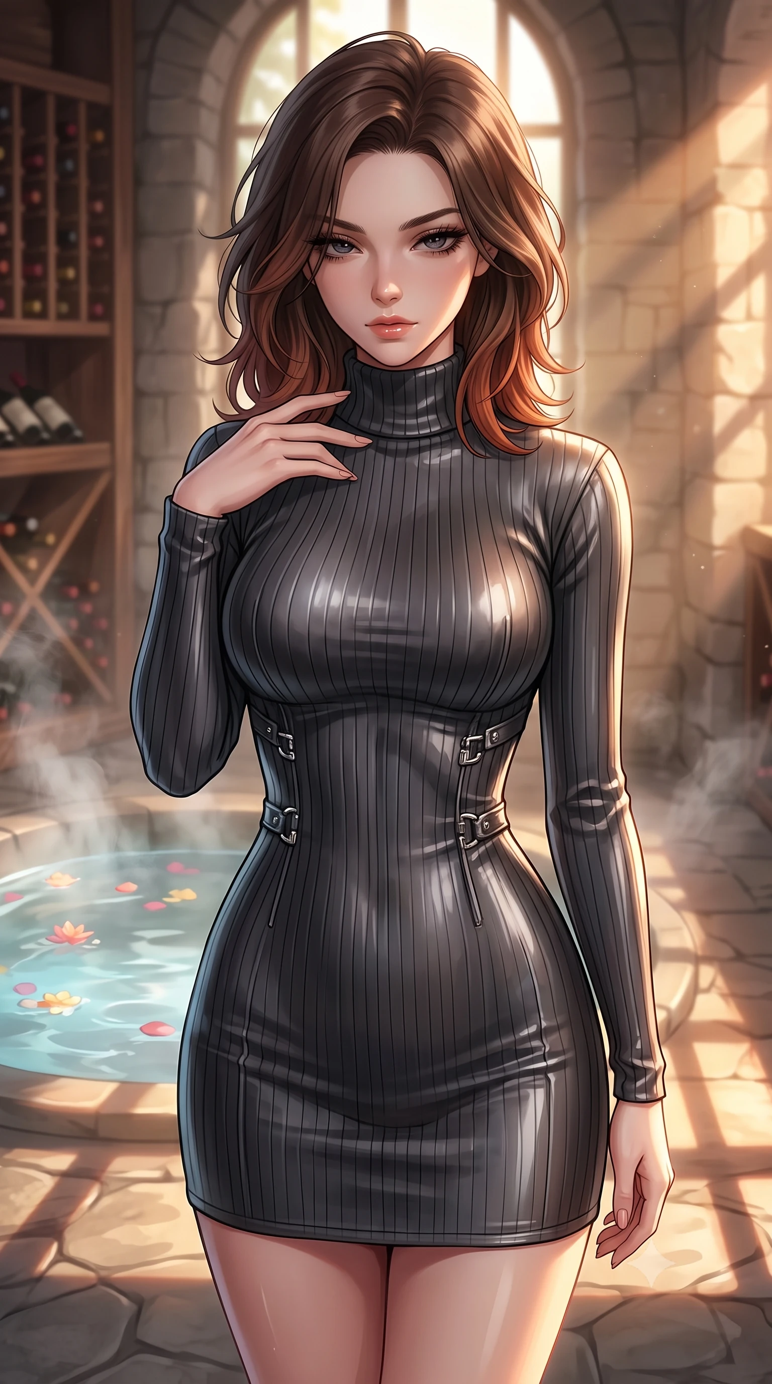 score_9, masterpiece, best quality, ultra-detailed, high-budget anime keyframe, editorial fashion photography, tasteful artistic composition, Korean woman. close-up cowboy shot from the waist and thighs up, the character dominates the composition, filling the frame with her large presence, background elements kept in soft focus. gently tracing her fingertips along her bare collarbone, casting a sultry gaze beneath long dark eyelashes set against a soft-focus background of inside an exclusive wine cellar alcove with rising mineral steam and floating flower petals on the clear water surface. She has an exceptionally elegant, slender, and willowy female figure with an ultra-slim waist, a gracefully sculpted slender torso, and a refined silhouette. sharp v-shaped jawline, high-bridge nose, intricate jewel-like eyes with depth, thick eyelashes, glossy lips with a natural sheen. wearing body-hugging charcoal glossy leather form-fitting ribbed knit turtleneck dress outlining her slender silhouette accented with delicate silver hardware. bathed in warm golden hour sunbeams that cast long, romantic shadows across the floor. highly saturated vibrant anime colors, detailed shading with soft gradients, rich glossy textures, high-contrast stereoscopic depth, volumetric dynamic lighting, master piece, 9:16 ratio
