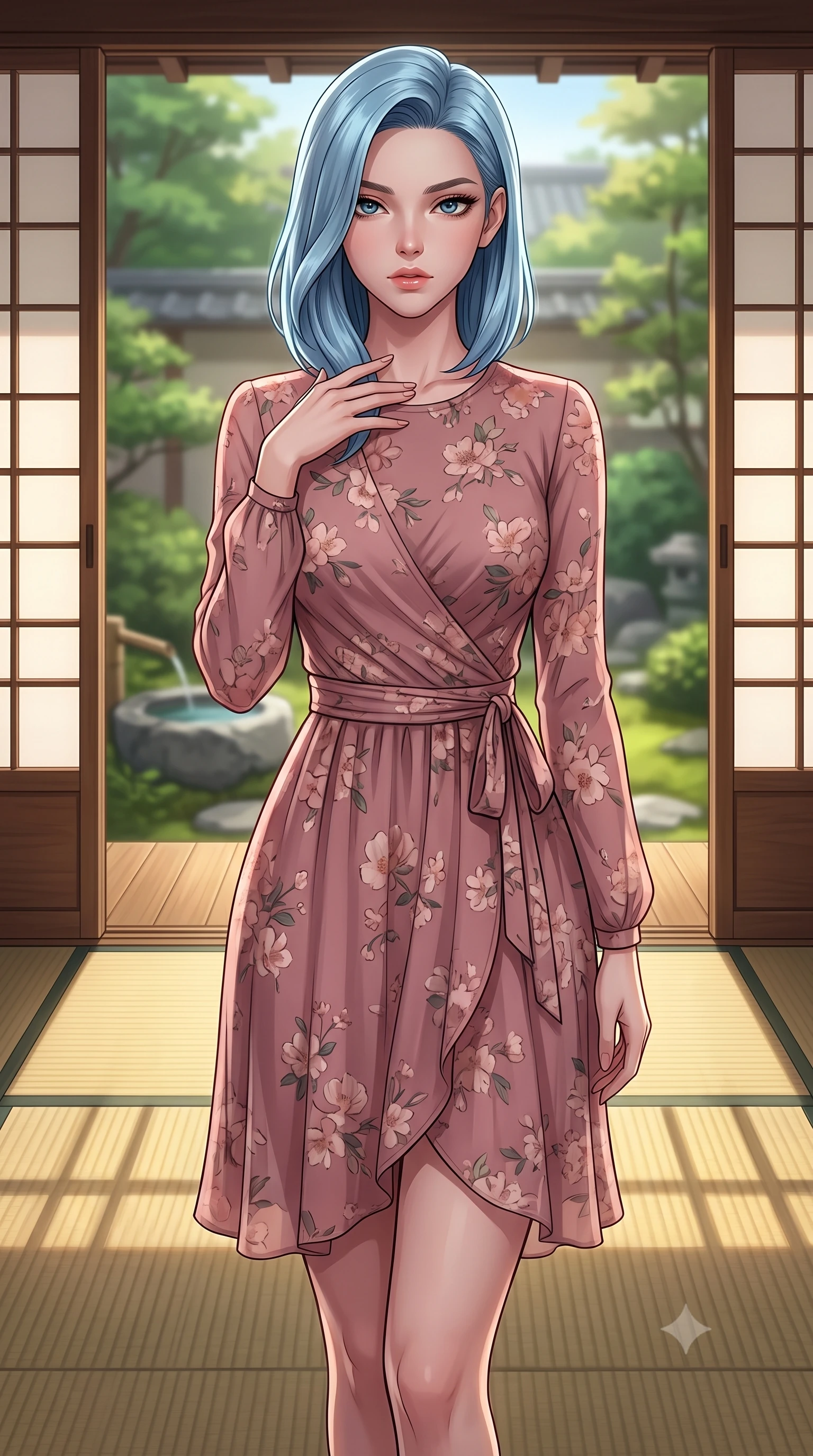 score_9, masterpiece, best quality, ultra-detailed, high-budget anime keyframe, tasteful artistic composition, Korean woman. close-up cowboy shot from the waist and thighs up, the character dominates the composition, filling the frame with her large presence, background elements kept in soft focus. standing with one hand resting on her collarbone, looking at the viewer with bedroom-eyes the background shows a soft-focus a private moss garden veranda facing a small stone basin through sliding doors. She has an exceptionally elegant, slender, and willowy female figure with an ultra-slim waist, a gracefully sculpted slender torso, and a refined silhouette. sharp v-shaped jawline, high-bridge nose, intricate jewel-like eyes with depth, thick eyelashes, glossy lips with a natural sheen. wearing a body-hugging flowy floral-patterned wrap dress in dusty rose chiffon with long sleeves and a modest crew neck. soft late afternoon sunrays casting long wooden grid shadows on the tatami. highly saturated vibrant anime colors, cel-shading, 2d style, master piece, 9:16 ratio