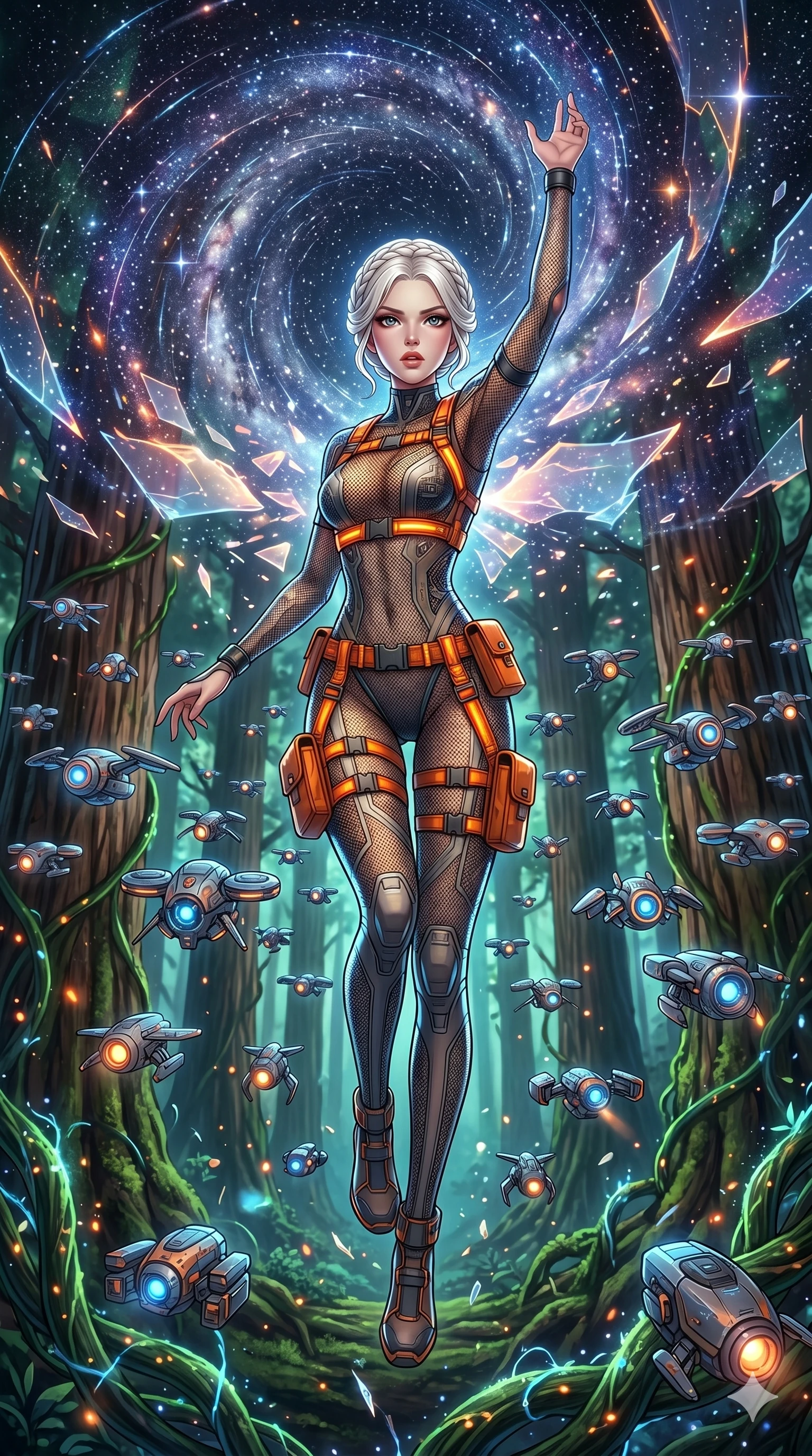 score_9, masterpiece, best quality, ultra-detailed, Set A: High-budget Anime Keyframe, Korean woman. Upper body close-up from the thighs up, character filling the screen for maximum presence. Theme: Primal Nature. shattering the fabric of reality in a giant redwood forest with glowing vines, surrounded by 109 hovering guardian drones. The atmosphere is filled with a swirling vortex of stars. She has an absolutely perfect 8-heads proportion, an exceptionally tall and slender female figure with impossibly long slender legs and an ultra-slim waist. Sharp v-shaped jawline, high-bridge nose, intricate jewel-like eyes with depth, glossy lips. Wearing Industrial worker-chic with a glowing orange harness over a mesh bodysuit. Cinematic lighting, vivid colors, dramatic shadows, 2k, ultra detail, master piece, 9:16 ratio