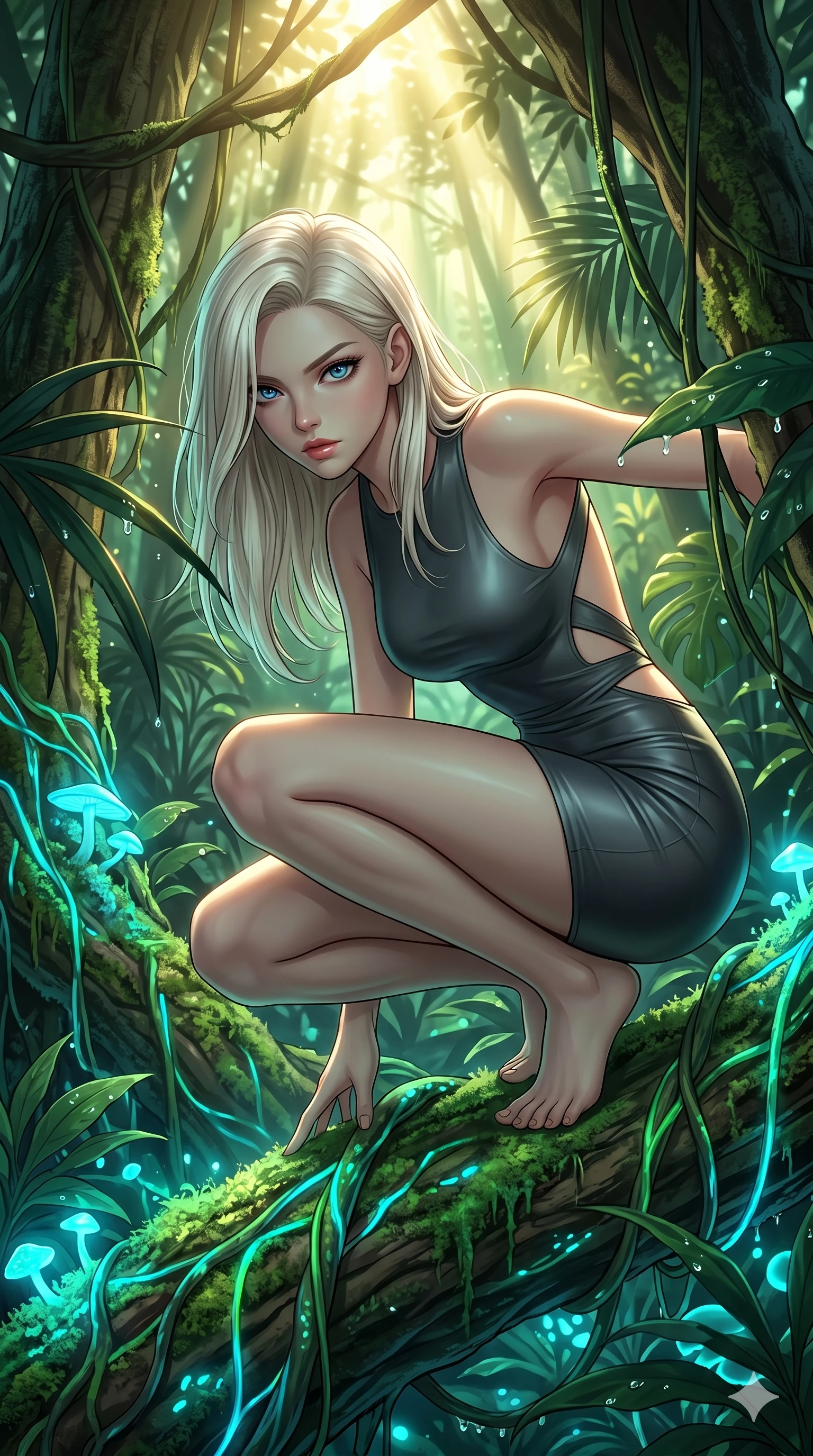 score_9, masterpiece, best quality, ultra-detailed, high-budget anime keyframe, Caucasian woman, strictly human ears. Upper body close-up from the thighs up, character filling the screen for maximum presence. She is crouching dynamically on a massive bioluminescent jungle root, wrapped in glowing vines. She leans close to the camera, looking through the foliage with a piercing, animalistic gaze. She has an absolutely perfect 8-heads proportion, an exceptionally tall and slender female figure with impossibly long slender legs and an ultra-slim waist. V-shaped jawline, high-bridge nose, intricate jewel-like eyes with depth, thick eyelashes, glossy lips with a natural sheen. She is wearing a second-skin fashion-latex mini dress with a clean architectural front, featuring an open-back design that wraps around the sides of her waist, showcasing her slender silhouette. The scene is bathed in bright sunbeams filtering through a dense canopy and glowing cyan ambient forest light. 2k, ultra detail, master piece, 9:16 ratio