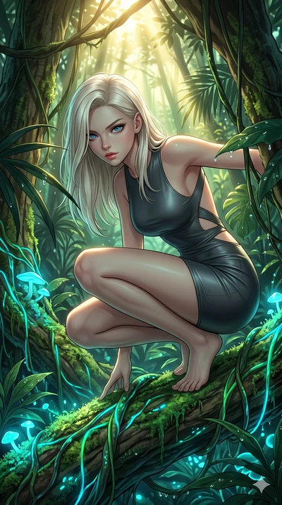 score_9, masterpiece, best quality, ultra-detailed, high-budget anime keyframe, Caucasian woman, strictly human ears. Upper body close-up from the thighs up, character filling the screen for maximum presence. She is crouching dynamically on a massive