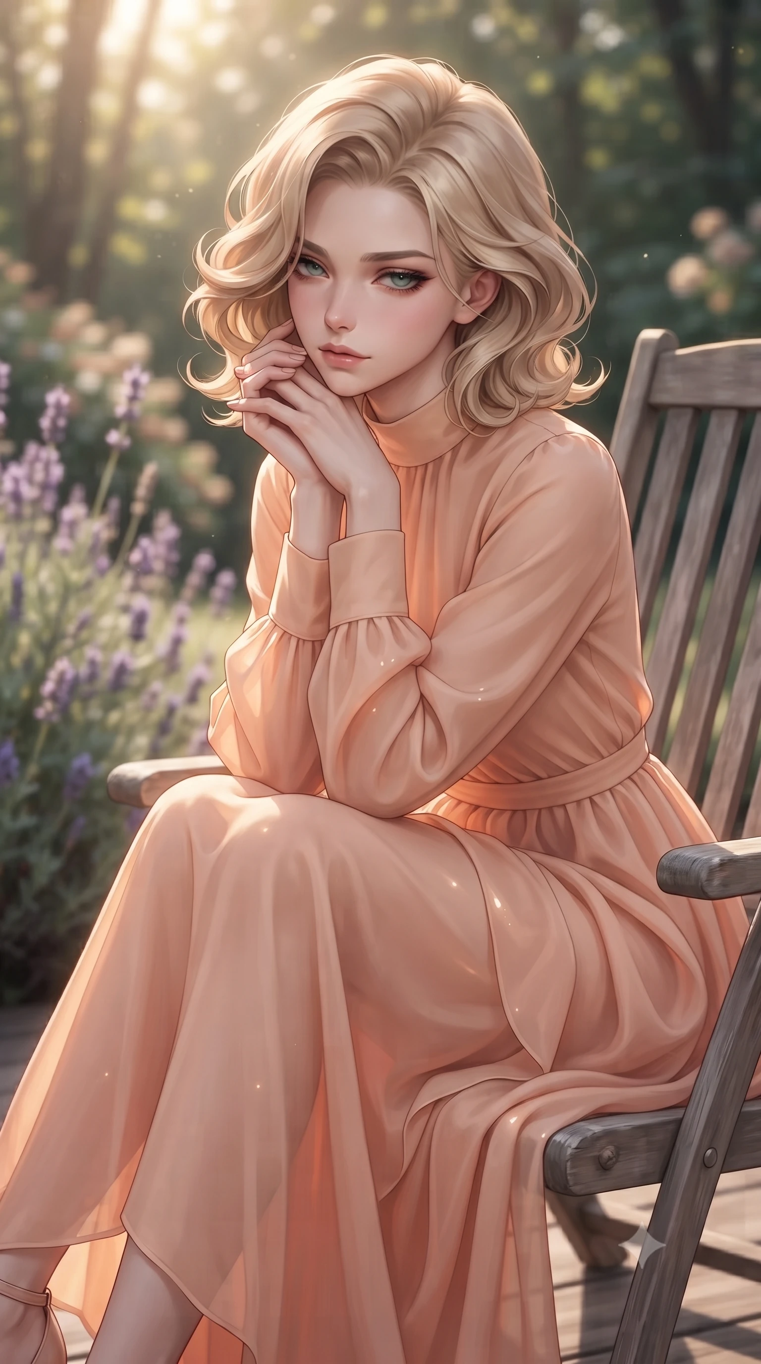 score_9, masterpiece, best quality, ultra-detailed, high-budget anime keyframe, editorial fashion photography, tasteful artistic composition, Caucasian woman. close-up cowboy shot from the waist and thighs up, the character dominates the composition, filling the frame with her large presence, background elements kept in soft focus. resting her chin on the backs of her fingers, casting a heavy-lidded, sultry look past the camera the background shows a soft-focus a private garden deck at a forest retreat, surrounded by wild lavender bushes. She has an exceptionally elegant, slender, and willowy female figure with an ultra-slim waist, a gracefully sculpted slender torso, and a refined silhouette. sharp v-shaped jawline, high-bridge nose, intricate jewel-like eyes with depth, thick eyelashes, glossy lips with a natural sheen. wearing a tailored flowy peach-colored chiffon lounge gown with long sleeves and a modest high collar. soft golden afternoon sunbeams, casting a peaceful country glow. ultra-reflective glossy finish, specular highlights, metallic sheen, high-contrast stereoscopic depth, volumetric dynamic lighting, 2k, ultra detail, master piece, 9:16 ratio