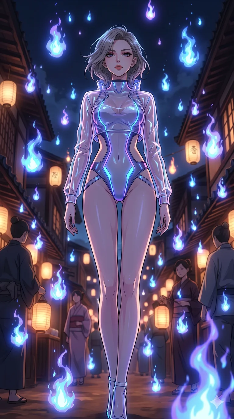 score_9, masterpiece, best quality, ultra-detailed, High-budget Anime Keyframe, beautiful Caucasian anime girl (strictly human ears). Low angle cowboy shot filling the entire 9:16 frame with her statuesque presence. Standing in the center of a ghost-fire festival with thousands of blue and violet 도깨비불 (goblin fires) swirling around her. She has an absolutely perfect 8-heads proportion, an exceptionally tall and slender female figure with impossibly long slender legs and an ultra-slim waist. Sharp v-shaped jawline, high-bridge nose, intricate jewel-like eyes with depth, thick eyelashes, glossy lips with a natural sheen. Wearing a Tech-Fantasy outfit: translucent PVC over a neon-lit leotard with strategic side cut-outs. Background is a dark traditional village street illuminated by eerie mystical flames. 2k, ultra detail, master piece, 9:16 ratio