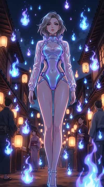 score_9, masterpiece, best quality, ultra-detailed, High-budget Anime Keyframe, beautiful Caucasian anime girl (strictly human ears). Low angle cowboy shot filling the entire 9:16 frame with her statuesque presence. Standing in the center of a ghost-