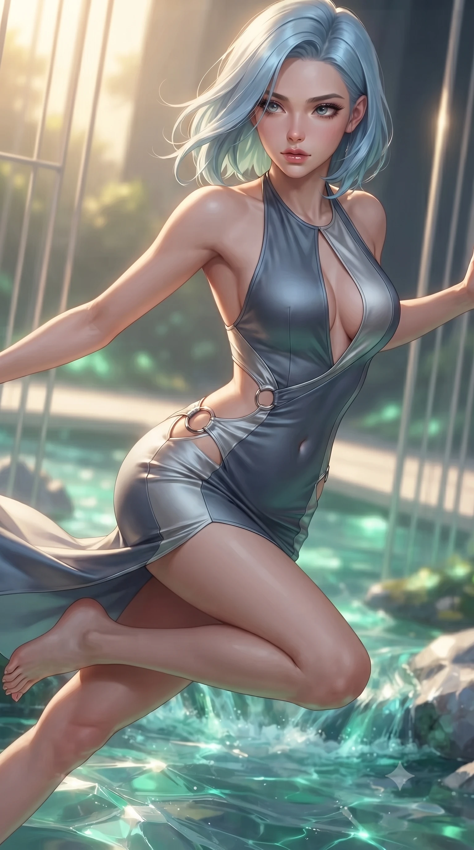 score_9, masterpiece, best quality, ultra-detailed, high-budget anime keyframe, editorial fashion photography, tasteful artistic composition, Korean woman. close-up cowboy shot from the waist and thighs up, the character dominates the composition, filling the frame with her large presence, background elements kept in soft focus. Gazing past the lens with composed intensity as her torso curves dynamically in mid-motion while leaping gracefully over a hydro-flow crystal stream flowing with emerald liquid light, sleek platinum wire lattices creating clean architectural line frames. She has an exceptionally elegant, slender, and willowy female figure with an ultra-slim waist, a gracefully sculpted slender torso, and a refined silhouette. sharp v-shaped jawline, high-bridge nose, intricate jewel-like eyes with depth, thick eyelashes, glossy lips with a natural sheen, flawlessly proportioned anatomical accuracy, natural body alignment, perfectly sculpted elegant limbs, clean dynamic posture without body distortion. wearing a deep-scoop halter bodycon dress with hip cutouts connected by silver rings in slate blue and metallic silver, crafted from smooth liquid silk, accented with a Tasteful chest slit framing her clavicle gracefully, the tailored fabric tightly following every curve of her athletic build. bathed in warm golden sunlight and soft emerald bioluminescent glow. ultra-reflective glossy finish, specular highlights, metallic sheen, high-contrast stereoscopic depth, volumetric dynamic lighting, 2k, ultra detail, master piece, 9:16 ratio