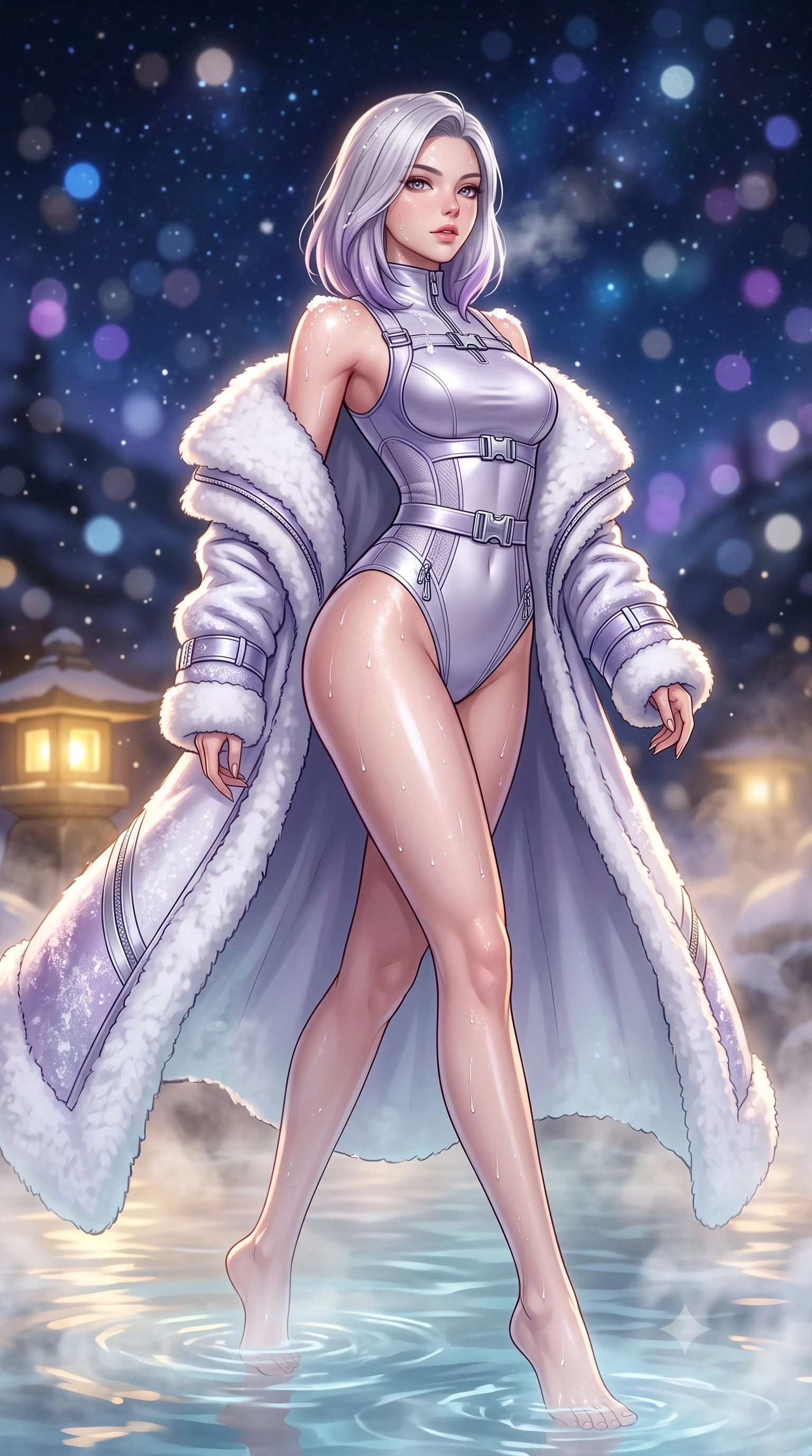 score_9, masterpiece, best quality, ultra-detailed, high-budget anime keyframe, semi-realistic 3D game render, editorial fashion photography, tasteful artistic composition, Caucasian woman. low angle full-body shot from head to toe showing her feet, filling the entire 9:16 vertical frame with her statuesque presence, stretching her vertical silhouette. striding forward in a proud, dynamic supermodel runway stride, hips swaying in an alluring kinetic rhythm that stretches her silhouette while wading through the steaming thermal mineral pool, arching her spine in pure pleasure as snowflakes melt on her glowing skin. The composition keeps background elements in soft focus with creamy bokeh. rising thermal steam swirls and starry alpine night skies blurred into deep sapphire, amethyst, and pearl-white bokeh. She has an absolutely perfect, statuesque 8.5-heads proportion, an exceptionally tall and slender model-like female figure with impossibly long slender legs, a toned flat midriff, and an ultra-slim waist. sharp v-shaped jawline, high-bridge nose, intricate jewel-like eyes with depth, thick eyelashes, glossy parted lips with a natural sheen, intensely captivating and seductive expression, flawlessly proportioned anatomical accuracy, strict slender model proportions, natural body alignment, perfectly sculpted long slender limbs, ultra-slim waistline, clean dynamic posture without body distortion. wearing a luxurious satin thermal leotard layered under a sweeping floor-length white shearling coat in frosted lavender mist and metallic silver, made of seamless compression knit with anatomical curves sculpting, finished with polished chrome buckle closures and snow-gaiter zippers, the form-contouring material adhering flawlessly to her sculpted flat midriff and slender torso, emphasizing her long leg lines and perfectly proportioned willowy build. bathed in soft underwater pool illumination and warm golden stone lantern downlights. highly saturated vibrant anime colors, detailed shading with soft gradients, rich glossy textures, high-contrast stereoscopic depth, volumetric dynamic lighting, master piece, 9:16 ratio