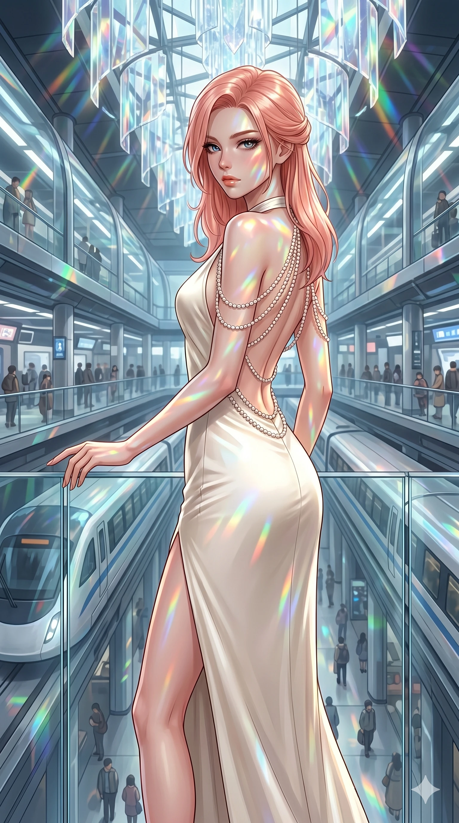 score_9, masterpiece, best quality, ultra-detailed, high-budget anime keyframe, editorial fashion photography, tasteful artistic composition, Japanese woman. cowboy shot from the thighs up, character and outfit filling the frame for maximum editorial presence. Casting a slow, direct gaze beneath heavy lashes with quiet intensity inside a futuristic train station with glass-walled tubes containing magnetic trains. She has an absolutely perfect 8-heads proportion, an exceptionally tall and slender female figure with impossibly long slender legs and an ultra-slim waist. V-shaped jawline, high-bridge nose, intricate jewel-like eyes with depth, thick eyelashes, glossy lips with a natural sheen. wearing an ivory silk satin gown with a halter neckline and delicate rows of pearls draping across her open back, falling into a column skirt. illuminated by cascading rainbow prismatic light refracting through crystal overhead and casting patterns on her skin. 2k, ultra detail, master piece, 9:16 ratio