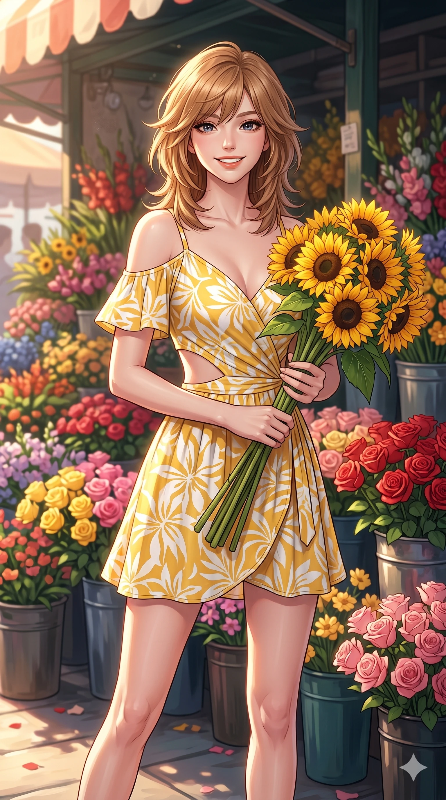 score_9, masterpiece, best quality, ultra-detailed, high-budget anime keyframe, editorial fashion photography, tasteful artistic composition, Korean woman. cowboy shot from the thighs up, character and outfit filling the frame for maximum editorial presence. holding a bunch of sunflowers with a bright, joyful smile, looking at the camera inside an outdoor flower market filled with colorful buckets of roses. She has an absolutely perfect 8-heads proportion, an exceptionally tall and slender female figure with impossibly long slender legs and an ultra-slim waist. V-shaped jawline, high-bridge nose, intricate jewel-like eyes with depth, thick eyelashes, glossy lips with a natural sheen. wearing a yellow and white cotton wrap dress with a tasteful side cutout and bare shoulders. drenched in morning sunlight casting a soft, clean glow over the market. 2k, ultra detail, master piece, 9:16 ratio