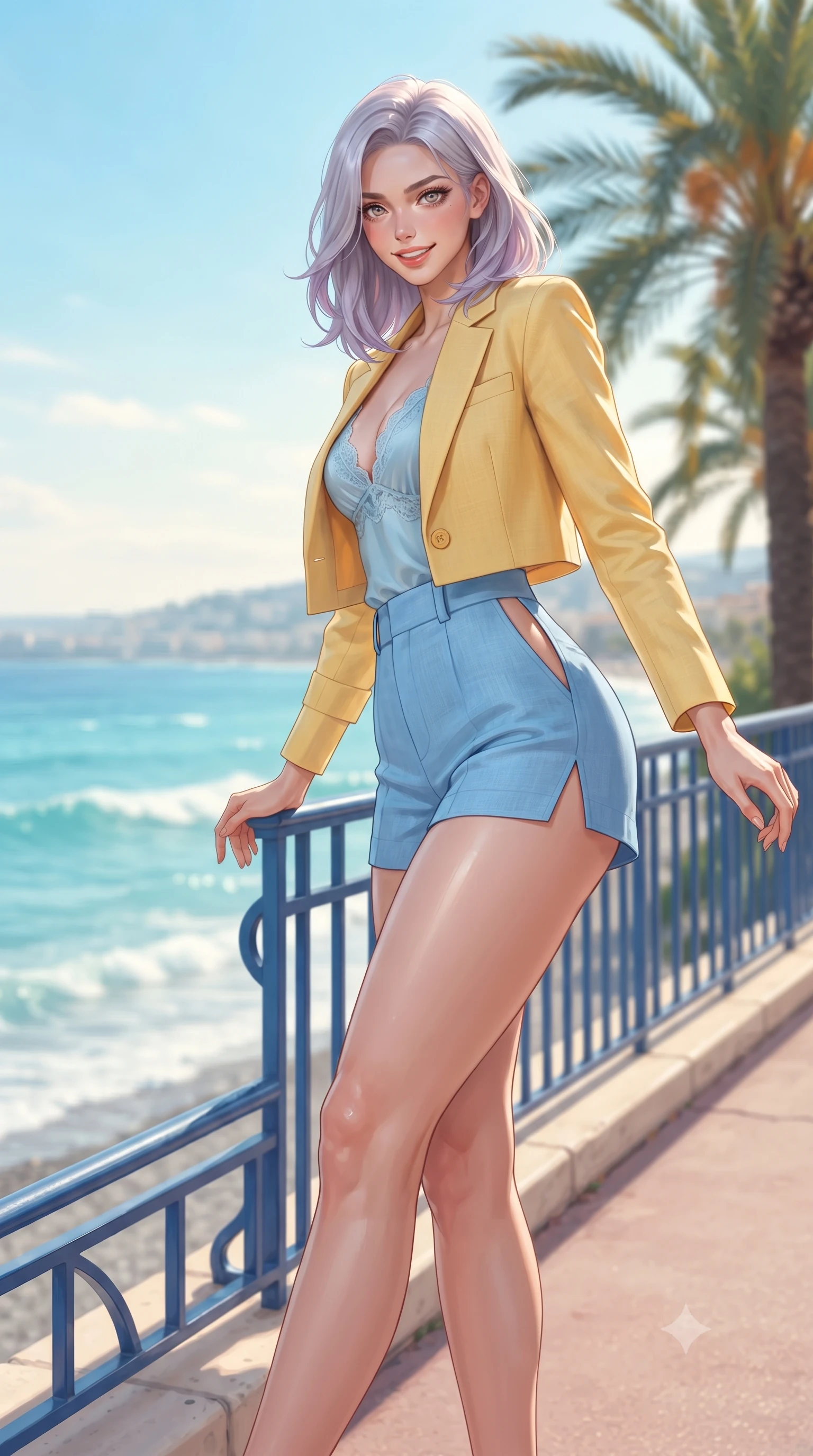 score_9, masterpiece, best quality, ultra-detailed, high-budget anime keyframe, editorial fashion photography, tasteful artistic composition, Caucasian woman. low angle full-body shot from head to toe showing her feet, filling the entire 9:16 vertical frame with her statuesque presence, stretching her vertical silhouette. leaning deep against the sunlit architecture with hips cocked back in a cute yet unapologetically alluring high-fashion stance, flashing a warm beaming smile while leaning against the classic blue seaside railing with hips cocked back, looking over her shoulder with an alluring, sun-dazed bedroom-gaze. The composition keeps background elements in soft focus with dreamy creamy bokeh. undulating turquoise waves of the Baie des Anges and towering palm fronds blurred into vivid cyan, aquamarine, and golden honey bokeh. She has an exceptionally tall and slender model-like 8.5-heads proportion, an ultra-slim waist, a flat toned midriff, narrow delicate ribcage, and beautifully sculpted feminine hips creating a graceful, slim hourglass silhouette without any bulky heaviness, with impossibly long slender legs. sharp v-shaped jawline, high-bridge nose, intricate jewel-like sparkling eyes with depth, thick eyelashes, glossy parted lips with a natural peach sheen, bright cheerful beaming smile with an enchanting and coquettish sensual glint, exuding both youthful cute charm and seductive allure, flawlessly proportioned anatomical accuracy, strict slender model proportions, natural body alignment, perfectly sculpted long slender limbs, ultra-slim waistline, clean dynamic posture without body distortion. wearing a chic cropped linen blazer worn with a plunging-V camisole and high-waisted tailored hot-pants showcasing her long slender legs in sunny daffodil yellow and clear sky blue, crafted from soft breathable linen with effortless natural drape, finished with delicate lace scallop edging along the neckline, the precision-cut side openings and low-back scoop framing her graceful spine and the sensual sweep of her slim, toned hips. bathed in brilliant golden French Riviera afternoon sunlight washing over the wide promenade. ultra-reflective glossy finish, specular highlights, rich textural contrasts, high-contrast stereoscopic depth, volumetric dynamic lighting, 2k, ultra detail, master piece, 9:16 ratio