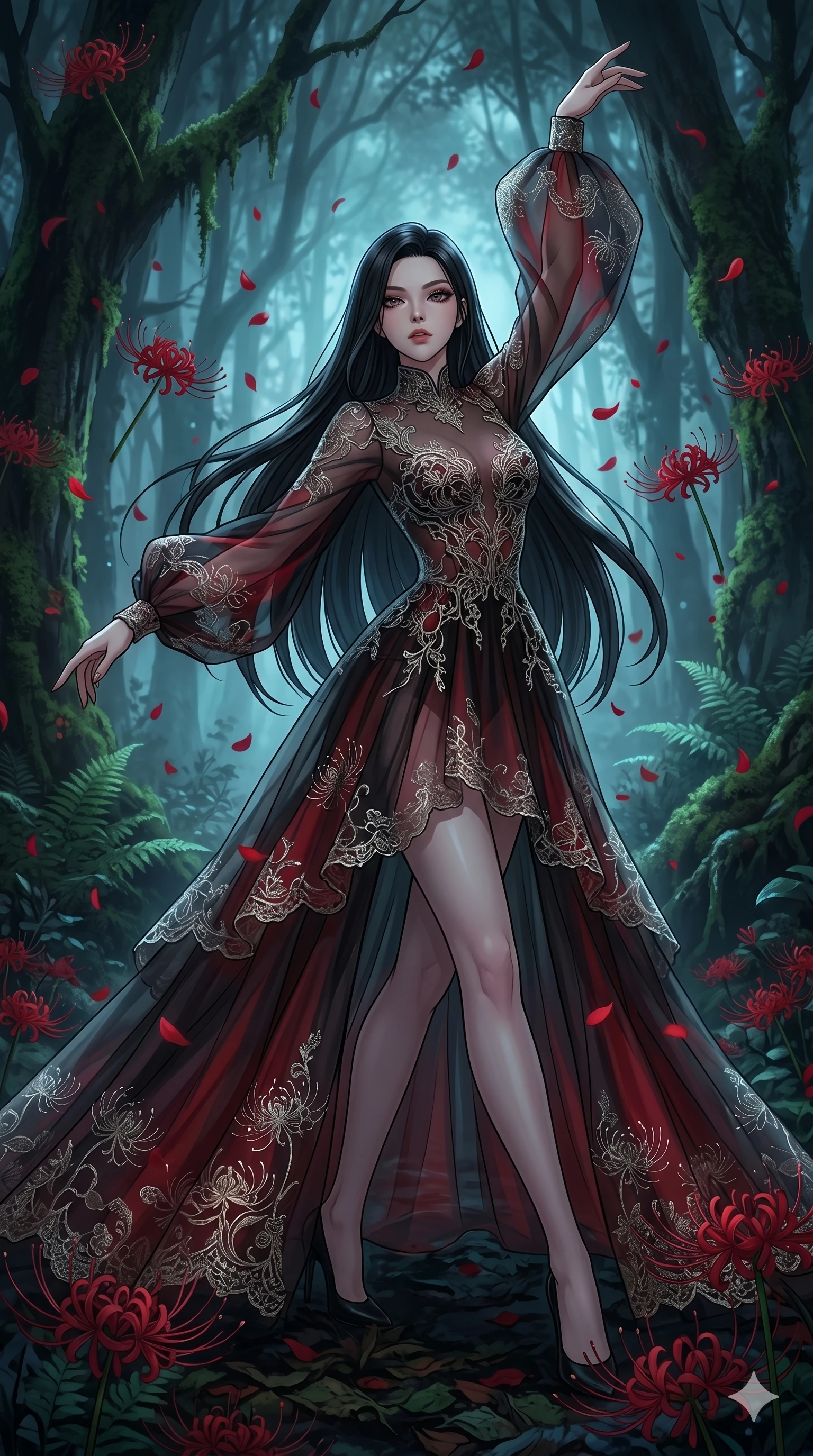 score_9, masterpiece, best quality, ultra-detailed, High-budget Anime Keyframe, East Asian woman. Low angle cowboy shot filling the entire 9:16 frame with her statuesque presence. Scenario 105: Dancing amidst falling red spider lilies in a misty dark forest. Her presence is magnetic and overpowering in this high-budget anime scene. Outfit 105: A translucent organza designed with a elegant high-fashion silhouette and delicate lace embroidery. The clothing is designed to emphasize her exceptionally tall and slender 8-heads proportion. 8-heads proportion, towering silhouette, ultra-slim waist. sharp v-shaped jawline, intricate jewel-like eyes with depth, thick eyelashes, glossy lips. 2k, ultra detail, master piece, 9:16 ratio