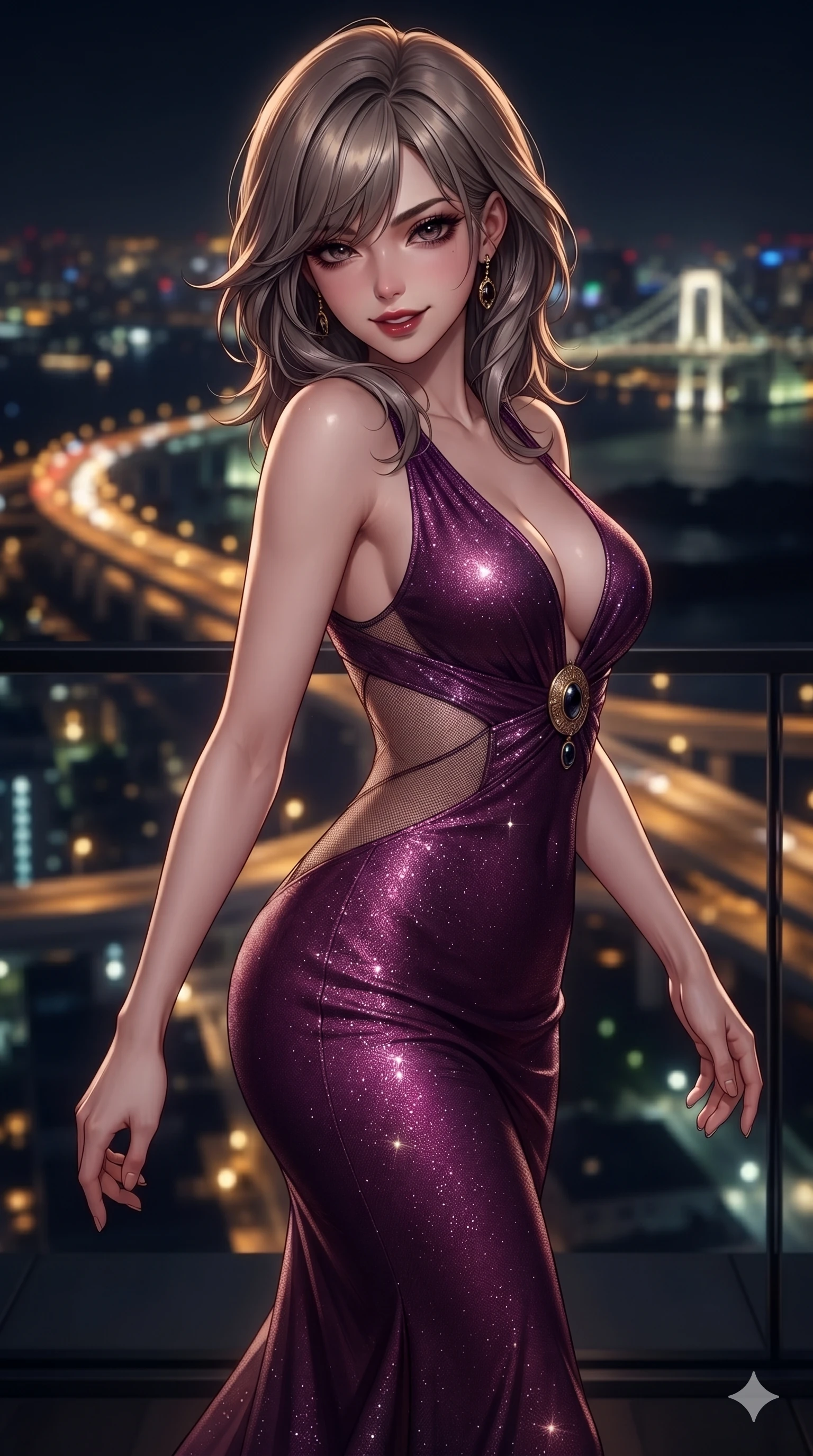 score_9, masterpiece, best quality, ultra-detailed, high-budget anime keyframe, editorial fashion photography, tasteful artistic composition, Korean woman. close-up cowboy shot from the waist and thighs up, the character dominates the composition, filling the frame with her large presence. twisting her slender torso in a deep contrapposto stance, hips dramatically shifted to accentuate her feminine curves while looking past her shoulder with smoldering bedroom-eyes while walking slowly along the darkened glass perimeter with feline poise, her long slender legs and curvy hips commanding the metropolitan expanse. The background shows a soft-focus infinite sprawling grid of Tokyo night lights, elevated expressway ribbons, and bay bridges blurred into gold, topaz, and sapphire bokeh. She has an exceptionally elegant, slender, and willowy female figure with an ultra-slim waist, flat toned midriff, narrow ribcage, and sculpted feminine hips creating an alluring, slim hourglass silhouette without bulk. sharp v-shaped jawline, high-bridge nose, intricate jewel-like dark sparkling eyes with dangerous depth, thick curled eyelashes, glossy parted lips with a rich wine sheen, smoldering seductive half-smile with bedroom-eyes, exuding effortless superiority and intoxicating dark allure, flawlessly proportioned anatomical accuracy, strict slender model proportions, natural body alignment, perfectly sculpted long slender limbs, ultra-slim waistline, clean dynamic posture without body distortion. wearing an alluring plunging sweetheart bodice dress with sheer mesh side-waist cutouts contouring her ribs in royal amaranth purple and liquid platinum, woven from metallic lurex thread casting subtle starlight glints across the fabric, finished with an authentic engraved gold medallion and obsidian cabochons, the glove-like silhouette tightly following the natural contour of her hips and long slender legs with youthful 8.5-heads elegance. bathed in the romantic, dim ambient lounge lighting punctuated by subtle cocktail table candlelight. ultra-reflective glossy finish, specular highlights, rich textural contrasts, high-contrast stereoscopic depth, volumetric dynamic lighting, 2k, ultra detail, master piece, 9:16 ratio