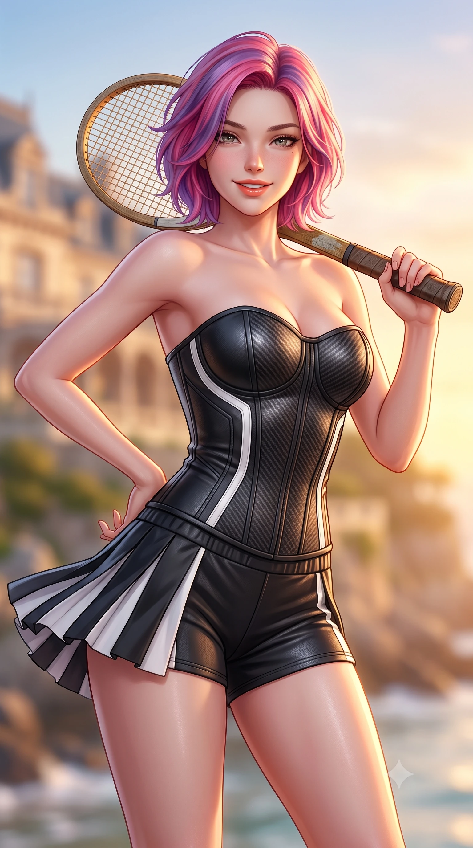 score_9, masterpiece, best quality, ultra-detailed, high-budget anime keyframe, semi-realistic 3D game render, editorial fashion photography, tasteful artistic composition, Caucasian woman. close-up cowboy shot from the waist and thighs up, the character dominates the composition, filling the frame with her large presence. resting both hands lightly behind her back while leaning toward the lens with a cheerful, teasing grin, her form-fitting athletic suit hugging her narrow waist and hip curve while twisting her slender torso in an alluring contrapposto stance, salty ocean spray and sunset breezes molding her pleated skirt to her hips. The background shows a soft-focus Belle Époque cliffside hotel villas softened in breezy coastal country club shallow focus. She has an exceptionally elegant, slender, and willowy female figure with an ultra-slim waist, flat toned midriff, narrow ribcage, and sculpted feminine hips creating an alluring, slim hourglass silhouette without bulk. sharp v-shaped jawline, high-bridge nose, sparkling eyes with athletic focus and depth, thick curled eyelashes, glossy parted lips with a natural coral-peach sheen, bright confident and coquettish smile with alluring bedroom-eyes, exuding both youthful sporty vigor and sovereign high-society glamour, flawlessly proportioned anatomical accuracy, strict slender model proportions, natural body alignment, perfectly sculpted long slender limbs, ultra-slim waistline, clean dynamic posture without body distortion. wearing a strapless structured leather corset top with racing stripe accents paired with high-waisted track shorts in dual-tone high-contrast racing monochrome, tailored from lightweight aerodynamic carbon-fiber composite with structured weave, featuring a vintage wooden tennis racket held casually over one shoulder, the precision-cut side openings and low-back scoop framing her graceful spine and the sensual sweep of her slim, athletic hips. illuminated by ocean surf bounce fill and sharp warm-gold rim lights defining her razor-sharp jawline, narrow waist, and curvy hips. highly saturated vibrant anime colors, detailed shading with soft gradients, rich glossy textures, high-contrast stereoscopic depth, volumetric dynamic lighting, master piece, 9:16 ratio