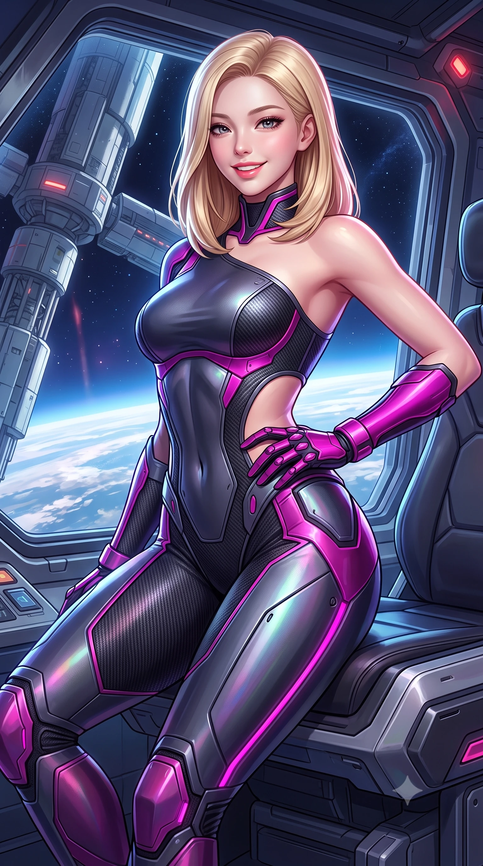 score_9, masterpiece, best quality, ultra-detailed, high-budget anime keyframe, semi-realistic 3D game render, editorial fashion photography, tasteful artistic composition, Korean woman. close-up cowboy shot from the waist and thighs up, the character dominates the composition, filling the frame with her large presence. twisting her slender torso in an alluring contrapposto stance, one hand resting on her sculpted hip armor while glancing back with effortless sovereign poise while lounging in the operator observation pod propped on one hand, her long slender legs and hourglass curves commanding the warp horizon. The surrounding environment is rendered in vivid detail and crisp panoramic clarity: detailed combat suit sheen, cosmic chromatic reflections on armor, and monumental space station engineering in high clarity. She has an exceptionally elegant, slender, and willowy female figure with an ultra-slim waist, flat toned midriff, narrow ribcage, and sculpted feminine hips creating an alluring, slim hourglass silhouette without bulk. sharp v-shaped jawline, high-bridge nose, intricate jewel-like sparkling eyes with depth, thick eyelashes, glossy parted lips with a natural sheen, bright confident smile with an enchanting and coquettish sensual glint, exuding both youthful magnetic charm and sovereign high-tech allure, flawlessly proportioned anatomical accuracy, strict slender model proportions, natural body alignment, perfectly sculpted long slender limbs, ultra-slim waistline, clean dynamic posture without body distortion. wearing an asymmetric one-shoulder combat catsuit with carbon-weave paneling and an open-waist architecture emphasizing her hips in deep titanium gunmetal and radiant magenta neon, tailored from brushed aeronautical titanium alloy with matte satin sheen, finished with delicate carbon-fiber boning framing the narrow waistline, the aerodynamic second-skin silhouette tightly following the natural contour of her hips and long slender legs with youthful 8.5-heads elegance. illuminated by platform safety beacons and sharp platinum rim lights sculpting her razor-sharp jawline, narrow waist, and curvy hips. highly saturated vibrant anime colors, detailed shading with soft gradients, rich glossy textures, high-contrast stereoscopic depth, volumetric dynamic lighting, master piece, 9:16 ratio