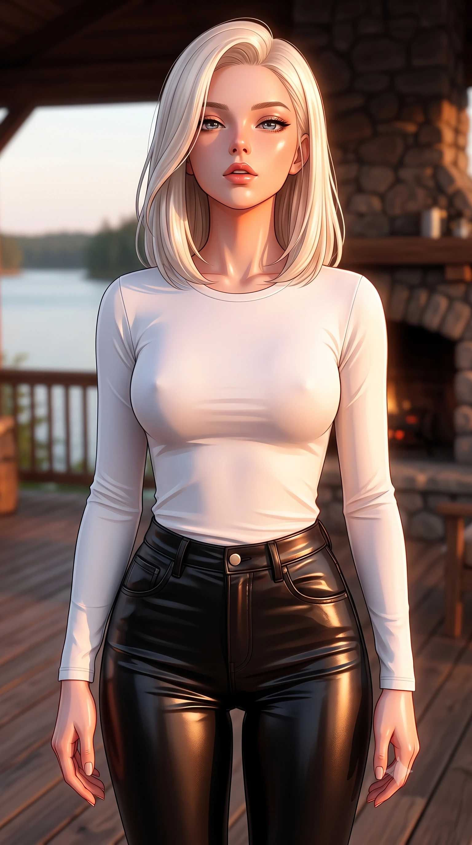 score_9, masterpiece, best quality, ultra-detailed, high-budget anime keyframe, editorial fashion photography, tasteful artistic composition, Caucasian woman. close-up cowboy shot from the waist and thighs up, the character dominates the composition, filling the frame with her large presence, background elements kept in soft focus. tilting her chin up slightly with lips parted in a composed, provocative expression the background shows a soft-focus a rustic wood deck with a stone fireplace facing a lake in a private estate. She has an exceptionally elegant, slender, and willowy female figure with an ultra-slim waist, a gracefully sculpted slender torso, and a refined silhouette. sharp v-shaped jawline, high-bridge nose, intricate jewel-like eyes with depth, thick eyelashes, glossy lips with a natural sheen. wearing a tailored tight-fitting long-sleeve tee in pure white, tucked into high-waisted black skinny pants. warm sunset light casting a peaceful, cozy orange wash on her figure. ultra-reflective glossy finish, specular highlights, metallic sheen, high-contrast stereoscopic depth, volumetric dynamic lighting, 2k, ultra detail, master piece, 9:16 ratio