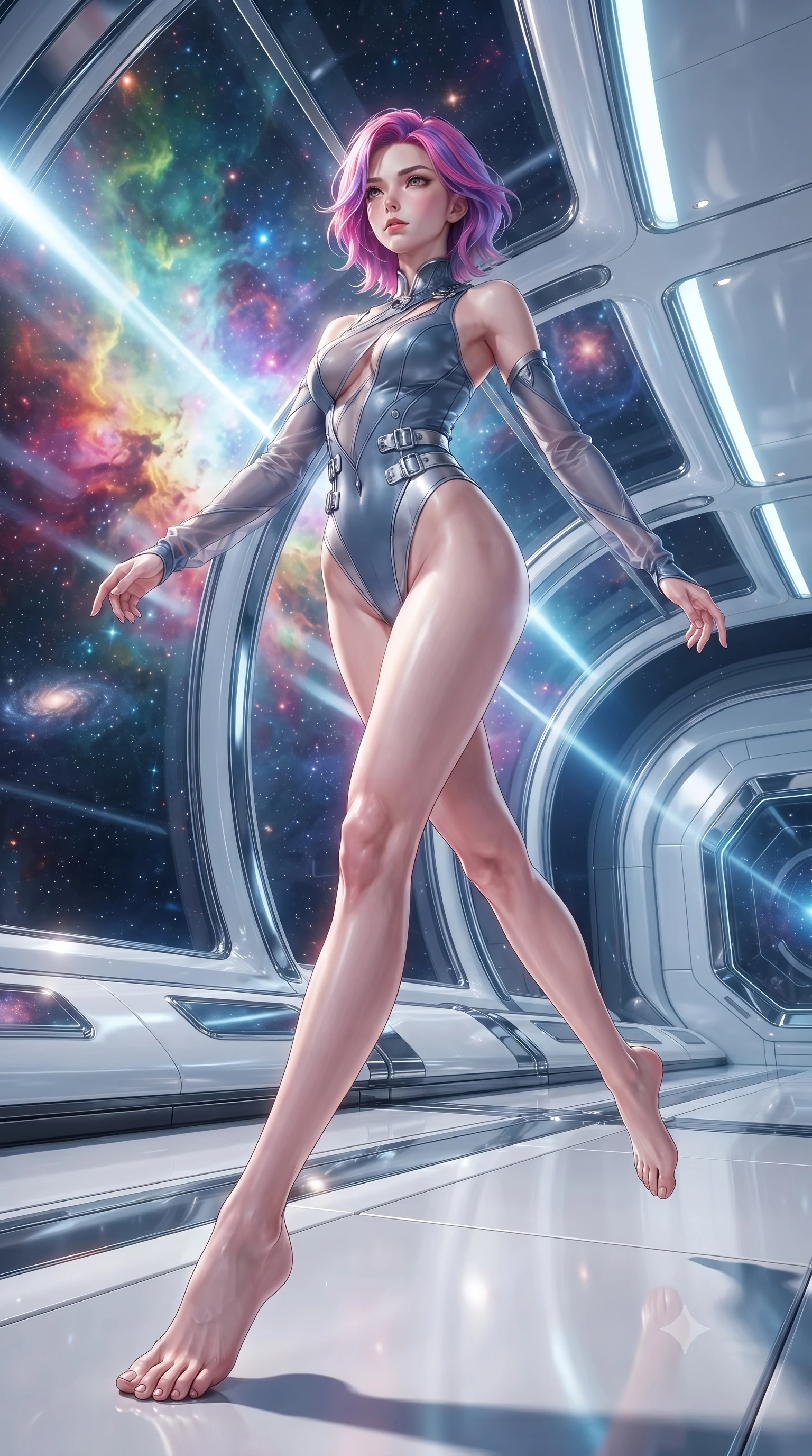 score_9, masterpiece, best quality, ultra-detailed, high-budget anime keyframe, editorial fashion photography, tasteful artistic composition, Caucasian woman. low angle full-body shot from head to toe showing her feet, filling the entire 9:16 vertical frame with her statuesque presence, stretching her vertical silhouette. leaping gracefully through the environment with statuesque elegance and long slender legs standing inside a high-tech observatory with panoramic glass views of a nebula, sleek reflective white and chrome surfaces emphasizing ultra-clean lines. She has an absolutely perfect, statuesque 8.5-heads proportion, an exceptionally tall and slender model-like female figure with impossibly long slender legs and an ultra-slim waist. sharp v-shaped jawline, high-bridge nose, intricate jewel-like eyes with depth, thick eyelashes, glossy lips with a natural sheen. wearing an asymmetrical high-cut tech-bodysuit with detached sleeves in slate blue and metallic silver, woven from fine semi-opaque sheer organza, detailed with polished silver buckles along the waistline, the elegant draped fit framing her graceful clavicle and slender torso. lit by bright volumetric laser beams and soft specular highlights. ultra-reflective glossy finish, specular highlights, metallic sheen, high-contrast stereoscopic depth, volumetric dynamic lighting, 2k, ultra detail, master piece, 9:16 ratio