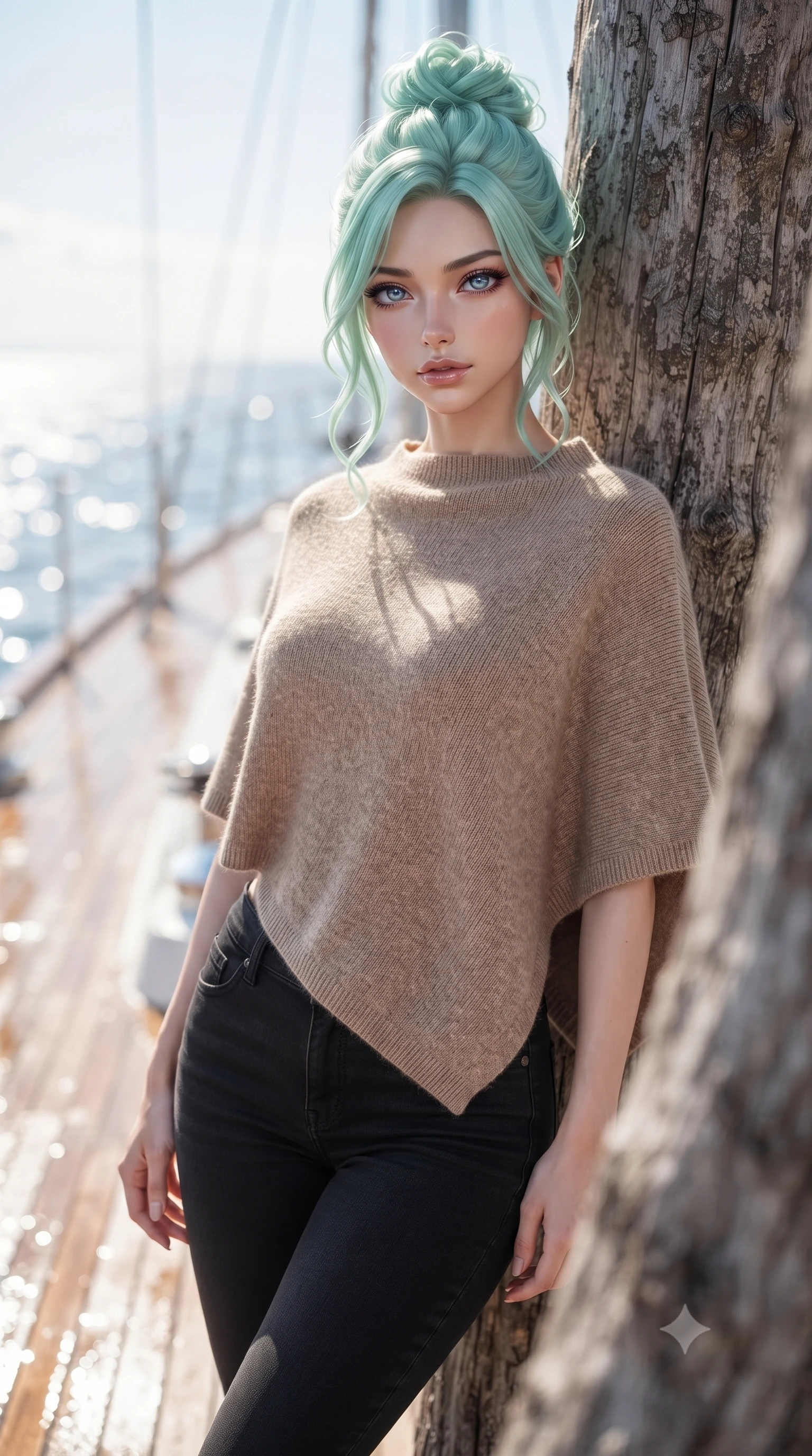 score_9, masterpiece, best quality, ultra-detailed, high-budget anime keyframe, editorial fashion photography, tasteful artistic composition, Japanese woman woman. close-up cowboy shot from the waist and thighs up, the character dominates the composition, filling the frame with her large presence, background elements kept in soft focus. standing relaxed against a tree trunk, sharing a quiet, serene moment with the viewer the background shows a soft-focus the wooden deck of a luxury sailing yacht glistering in the open sea. She has an exceptionally elegant, slender, and willowy female figure with an ultra-slim waist, a gracefully sculpted slender torso, and a refined silhouette. sharp v-shaped jawline, high-bridge nose, intricate jewel-like eyes with depth, thick eyelashes, glossy lips with a natural sheen. wearing a slim-fit stylish light brown knit poncho over black skinny jeans. bright midday sun creating high-contrast specular highlights on the water and deck. ultra-reflective glossy finish, specular highlights, metallic sheen, high-contrast stereoscopic depth, volumetric dynamic lighting, 2k, ultra detail, master piece, 9:16 ratio