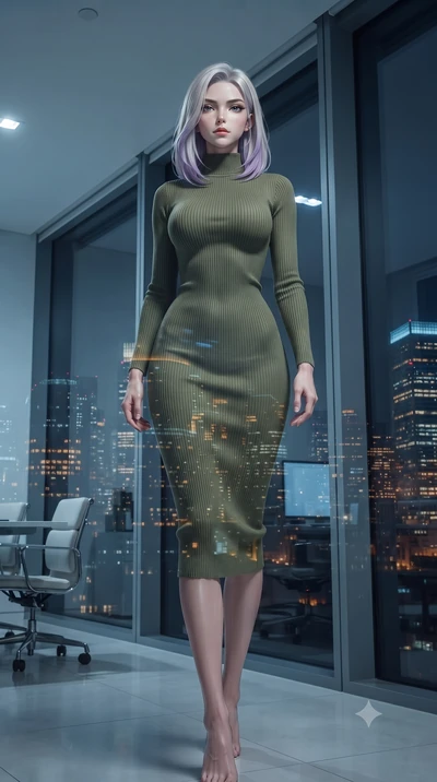 score_9, masterpiece, best quality, ultra-detailed, high-budget anime keyframe, editorial fashion photography, tasteful artistic composition, Caucasian woman, strictly human ears. low angle full-body shot from head to toe showing her feet, filling th