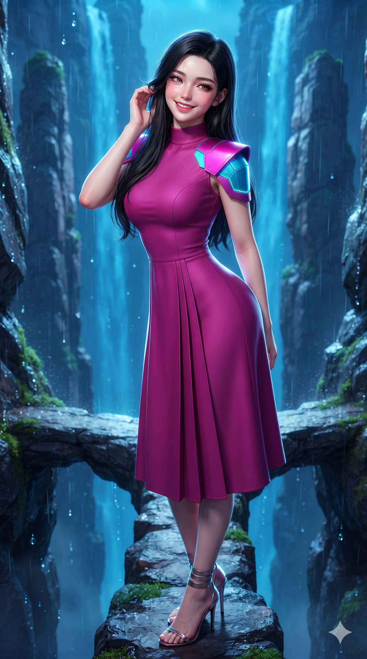 score_9, masterpiece, best quality, ultra-detailed, high-budget anime keyframe, semi-realistic 3D game render, editorial fashion photography, tasteful artistic composition, Korean woman. close-up cowboy shot from the waist and thighs up, the character dominates the composition, filling the frame with her large presence. gently brushing a lock of hair behind her ear while casting a playful, flirtatious side-gaze with long eyelashes while standing poised on the natural stone skybridge between vertical rock spires, arching her lower back with commanding presence as glowing blue waterfalls plunge into the abyss. The surrounding environment is rendered in vivid detail and crisp panoramic clarity: sharp wet slate rock textures, glowing moss filaments, and individual falling water droplet speculars in deep focus. She has an exceptionally elegant, slender, and willowy female figure with an ultra-slim waist, flat toned midriff, narrow ribcage, and sculpted feminine hips creating an alluring, slim hourglass silhouette without bulk. sharp v-shaped jawline, high-bridge nose, intricate jewel-like sparkling eyes with depth, thick eyelashes, glossy parted lips with a natural peach sheen, bright cheerful beaming smile with an enchanting and coquettish sensual glint, exuding both youthful cute charm and seductive allure, flawlessly proportioned anatomical accuracy, strict slender model proportions, natural body alignment, perfectly sculpted long slender limbs, ultra-slim waistline, clean dynamic posture without body distortion. wearing an elegant high-neck silk georgette diplomatic gown with structured geometric shoulder plates and pleated A-line skirt in Neo-Shinjuku neon magenta and electric cyan, tailored from high-density tech-wool with subtle metallic thread weave, complemented by strappy stiletto sandals with metallic ankle wraps accentuating her slender calves, the impeccably tailored cut draping gracefully along her slender figure with aristocratic poise. illuminated by waterfall spray bounce and sharp cyan-white rim lights defining her jawline, narrow waist, and curvy hips. highly saturated vibrant anime colors, detailed shading with soft gradients, rich glossy textures, high-contrast stereoscopic depth, volumetric dynamic lighting, master piece, 9:16 ratio