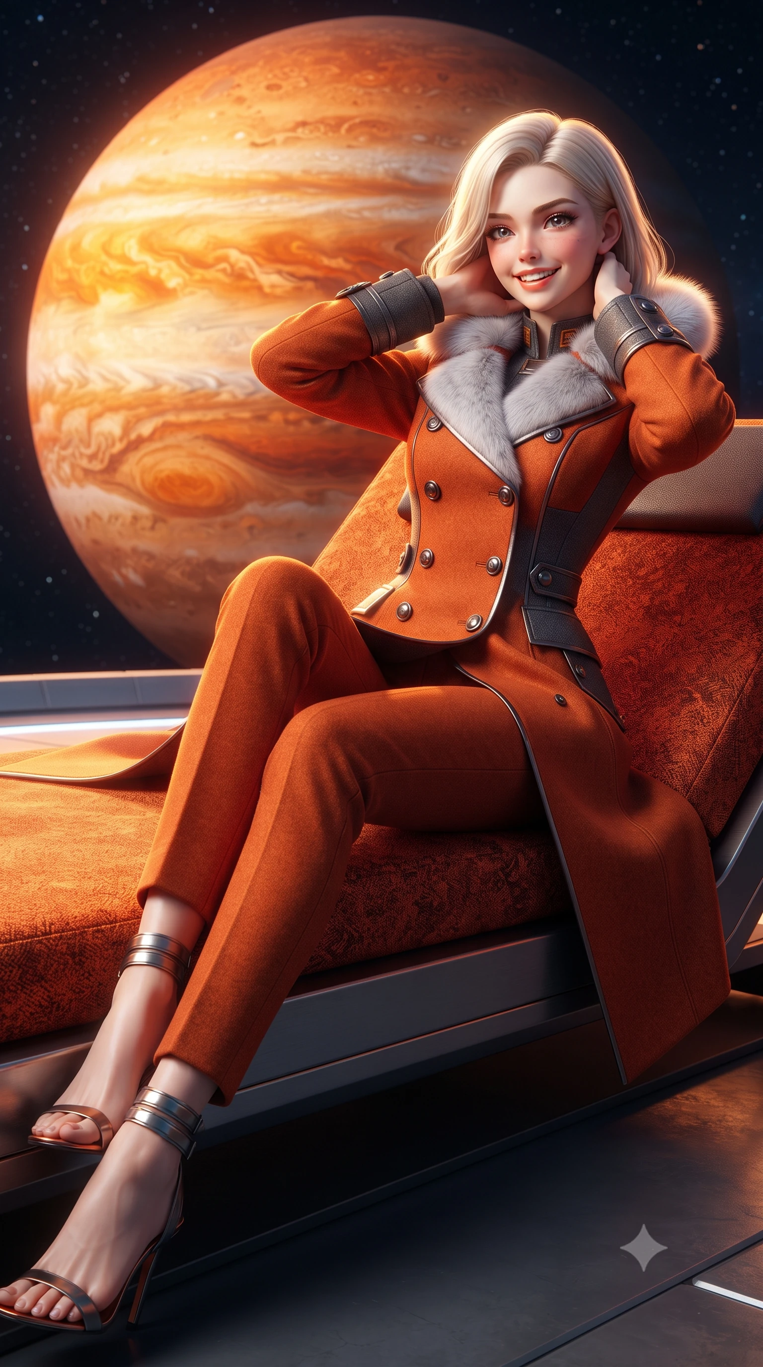 score_9, masterpiece, best quality, ultra-detailed, high-budget anime keyframe, editorial fashion photography, tasteful artistic composition, Caucasian woman. close-up cowboy shot from the waist and thighs up, the character dominates the composition, filling the frame with her large presence. resting both hands lightly behind her neck with elbows raised, arching her spine to highlight her narrow waist, flat midriff, and breathtaking collarbones while reclining gracefully on the outdoor heated daybed with legs extended, displaying her long slender limbs and statuesque hourglass silhouette against the cosmic gas giant. The surrounding environment is rendered in vivid detail and crisp panoramic clarity: detailed thermal officer coat tailoring, fur-trimmed collar, and monumental planetary scale in razor-sharp precision. She has an exceptionally elegant, slender, and willowy female figure with an ultra-slim waist, flat toned midriff, narrow ribcage, and sculpted feminine hips creating an alluring, slim hourglass silhouette without bulk. sharp v-shaped jawline, high-bridge nose, intricate jewel-like sparkling eyes with depth, thick eyelashes, glossy parted lips with a natural peach sheen, bright cheerful beaming smile with an enchanting and coquettish sensual glint, exuding both youthful cute charm and seductive allure, flawlessly proportioned anatomical accuracy, strict slender model proportions, natural body alignment, perfectly sculpted long slender limbs, ultra-slim waistline, clean dynamic posture without body distortion. wearing a futuristic double-breasted arctic combat officer greatcoat with thermal fur-lined collar and tailored wool trousers in volcanic ember orange and brushed gunmetal, tailored from high-density tech-wool with subtle metallic thread weave, complemented by strappy stiletto sandals with metallic ankle wraps accentuating her slender calves, the bespoke structured tailoring following the natural line of her 8.5-heads silhouette with refined elegance. illuminated by snow reflection bounce and sharp Jupiter-amber rim lights sculpting her razor-sharp jawline, narrow waist, and curvy hips. ultra-reflective glossy finish, specular highlights, rich textural contrasts, high-contrast stereoscopic depth, volumetric dynamic lighting, 2k, ultra detail, master piece, 9:16 ratio
