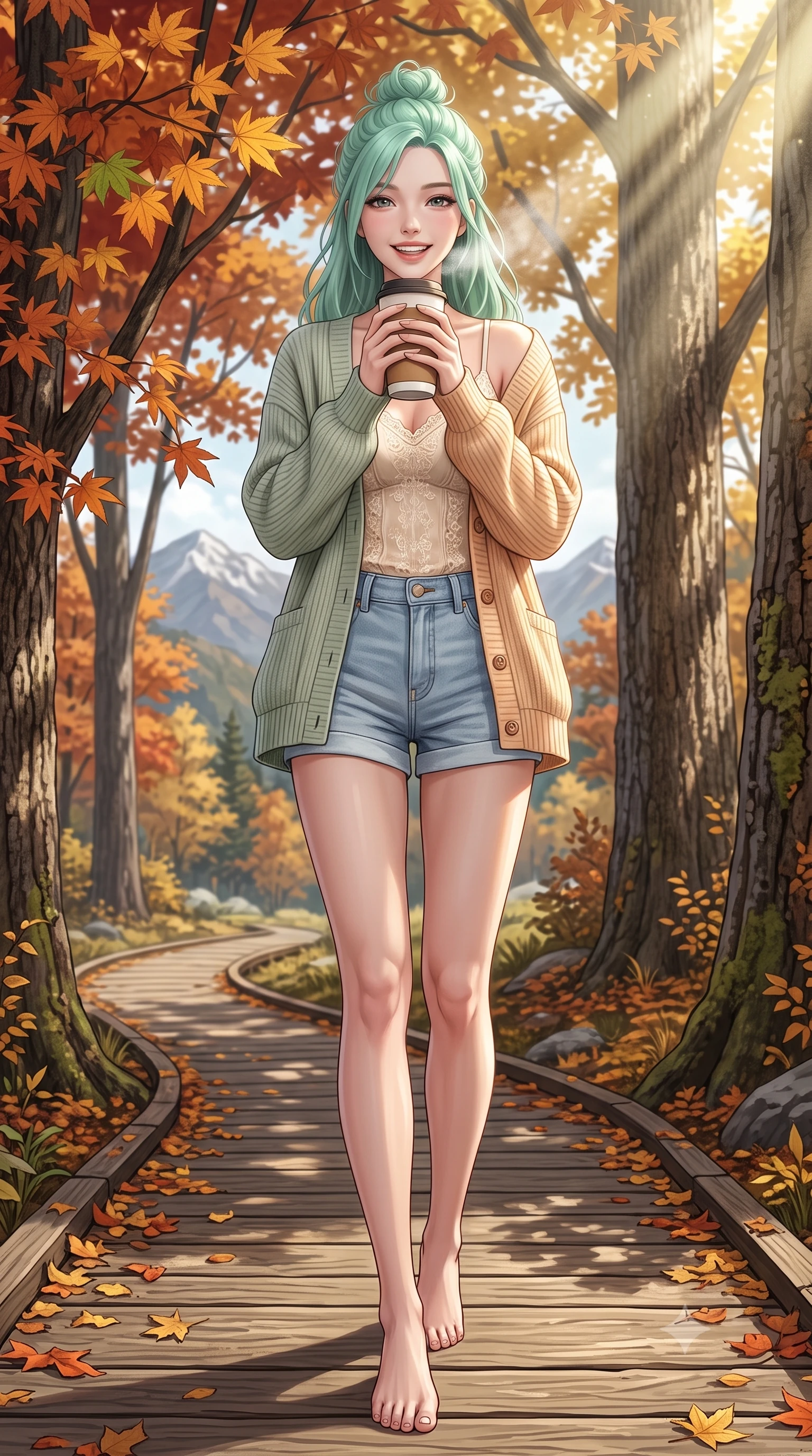 score_9, masterpiece, best quality, ultra-detailed, high-budget anime keyframe, semi-realistic 3D game render, editorial fashion photography, tasteful artistic composition, Japanese woman. low angle full-body shot from head to toe showing her feet, filling the entire 9:16 vertical frame with her statuesque presence, stretching her vertical silhouette. walking forward in a cheerful, dynamic stride with a radiant beaming smile, her statuesque silhouette filling the frame while holding a warm insulated tumbler with both hands, soft breath misting lightly in the crisp mountain air with a sweet smile. The surrounding environment is rendered in vivid detail and crisp panoramic clarity. distinct maple leaf veins, textured tree bark, and fallen leaf-covered timber pathways in deep focus. She has an absolutely perfect, statuesque 8.5-heads proportion, an exceptionally tall and slender model-like female figure with impossibly long slender legs, a toned flat midriff, and an ultra-slim waist. sharp v-shaped jawline, high-bridge nose, intricate jewel-like eyes with depth, thick eyelashes, glossy lips with a natural sheen, pure and lovely fresh girlhood expression, flawlessly proportioned anatomical accuracy, strict slender model proportions, natural body alignment, perfectly sculpted long slender limbs, ultra-slim waistline, clean dynamic posture without body distortion. wearing a soft pastel ribbed knit cardigan worn over a delicate cream lace camisole and light-wash denim shorts in warm apricot and sage green, made of fine lightweight chiffon with a soft fluid drape, complemented by subtle floral embroidery along the neckline and hem, the breezy lightweight fabric fluttering softly against her delicate collarbones, narrow waist, and feminine curves. illuminated by crisp directional sunbeams accentuating her slender waistline and cozy layered outfit. highly saturated vibrant anime colors, detailed shading with soft gradients, rich glossy textures, high-contrast stereoscopic depth, volumetric dynamic lighting, master piece, 9:16 ratio