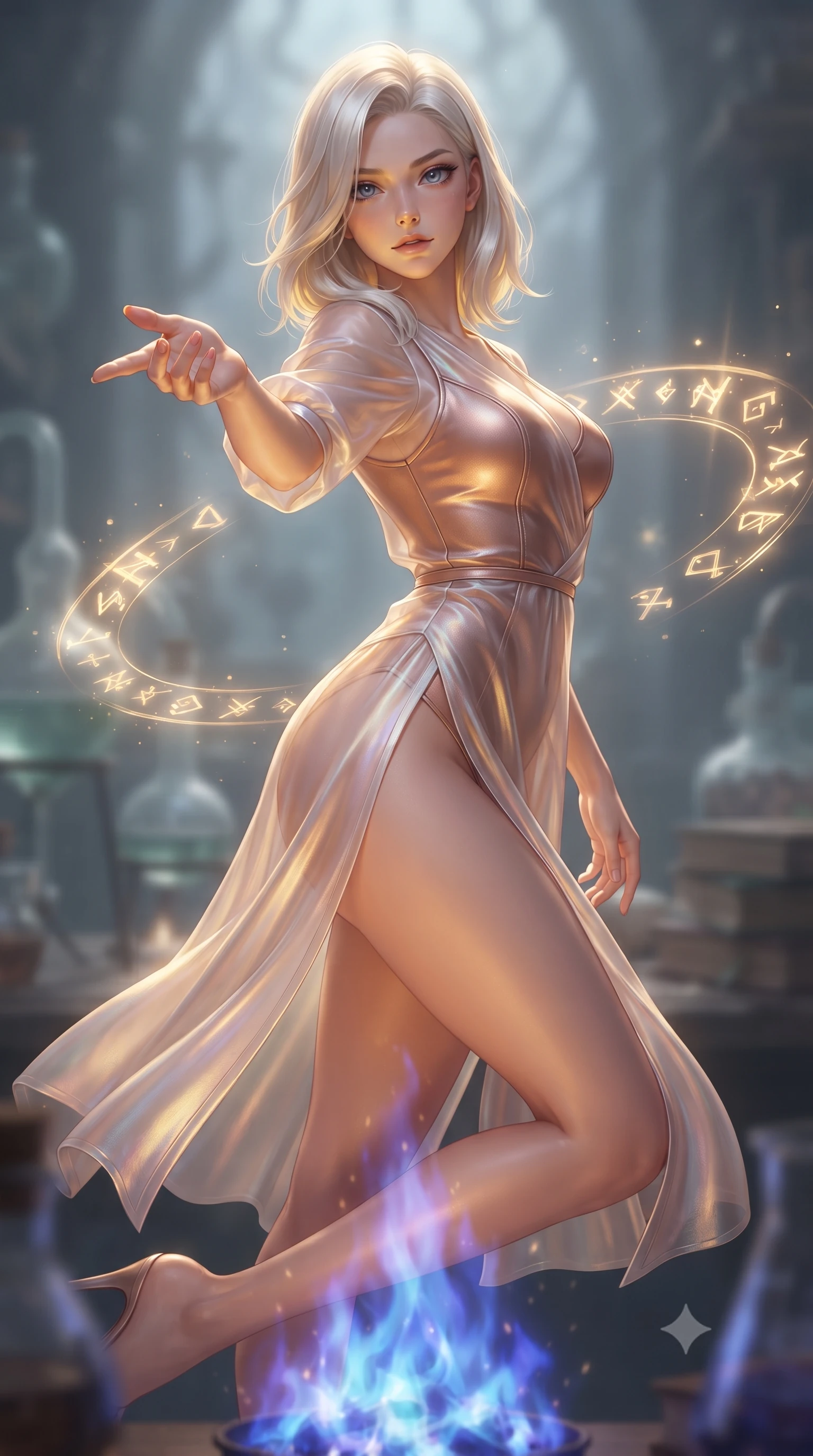 score_9, masterpiece, best quality, ultra-detailed, high-budget anime keyframe, editorial fashion photography, tasteful artistic composition, Caucasian woman. close-up cowboy shot from the waist and thighs up, the character dominates the composition, filling the frame with her large presence, background elements kept in soft focus. Reaching her hand gracefully toward the camera with magnetic allure, her torso turning in a dynamic S-curve alignment while floating gracefully above a sapphire alchemy flame with her torso tilted dynamically, glowing alchemy runes hovering in mid-air, casting golden light on her face. She has an exceptionally elegant, slender, and willowy female figure with an ultra-slim waist, a gracefully sculpted slender torso, and a refined silhouette. sharp v-shaped jawline, high-bridge nose, intricate jewel-like eyes with depth, thick eyelashes, glossy lips with a natural sheen, flawlessly proportioned anatomical accuracy, natural body alignment, perfectly sculpted elegant limbs, clean dynamic posture without body distortion. wearing a semi-opaque sheer overlay dress over a leather micro-bodysuit in pearl white and rose gold, crafted from iridescent chiffon that shifts colors in the light, finished with a sleek side slit ascending to mid-thigh, the form-contouring material highlighting her ultra-slim waist and long lines. illuminated by golden alchemy rune radiance and dramatic top key light. ultra-reflective glossy finish, specular highlights, metallic sheen, high-contrast stereoscopic depth, volumetric dynamic lighting, 2k, ultra detail, master piece, 9:16 ratio