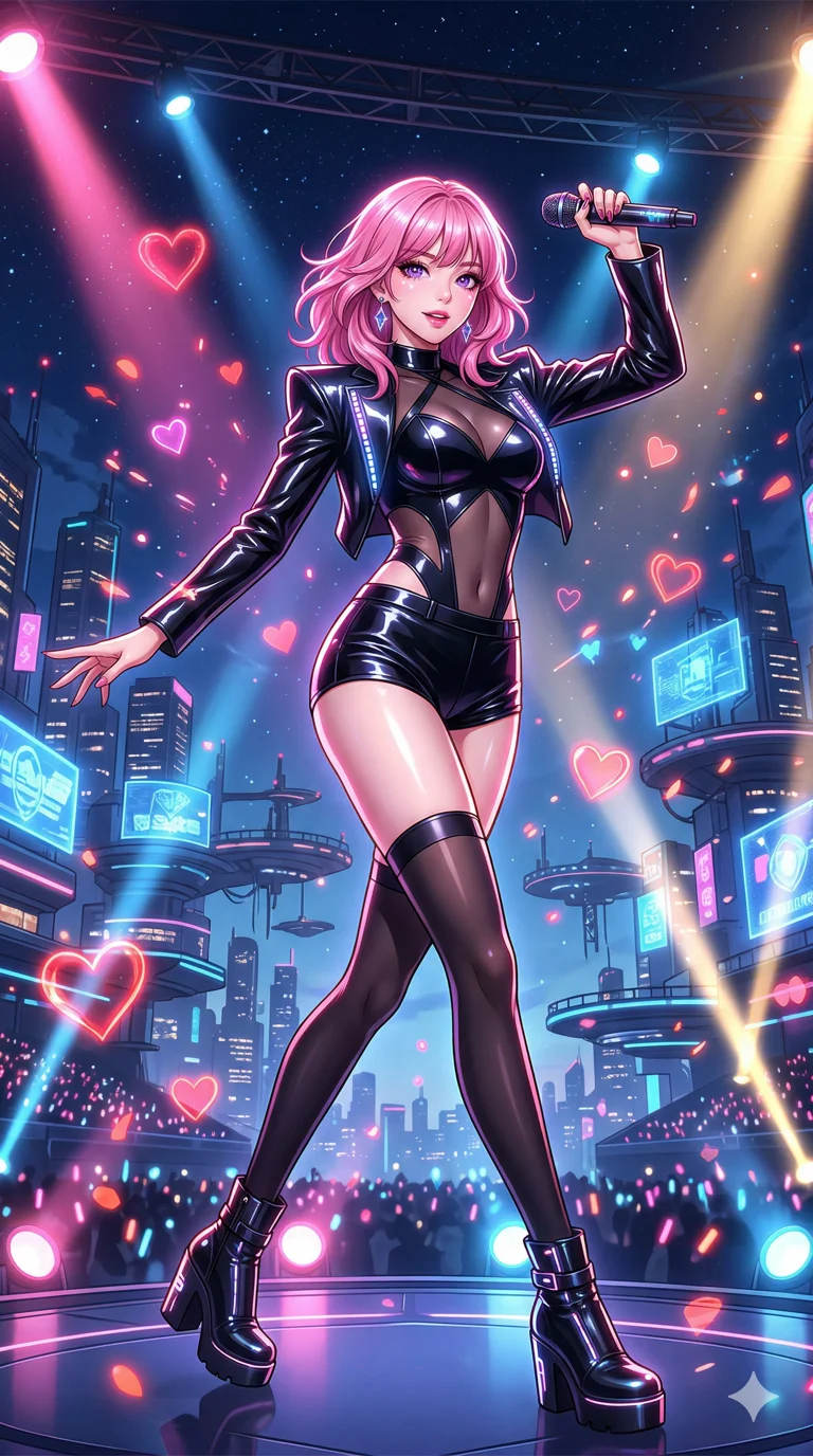 score_9, masterpiece, best quality, ultra-detailed, semi-realistic high-budget anime keyframe, an incredibly beautiful Korean woman. Dynamic full-body shot dominating the 9:16 frame. She is a pop-star from a floating city, performing her latest hit. She has an absolutely perfect 8-heads proportion, an exceptionally tall female figure with long slender legs and a voluptuous body. Her face is a masterpiece with vibrant pink hair and jewel-like eyes. She is wearing a glossy latex idol outfit with sheer fabric inserts, highlighting her alluring silhouette. Stage lights and holographic hearts, dramatic rim lighting, radiant glowing skin, 2k, ultra detail, master piece, 9:16 ratio
