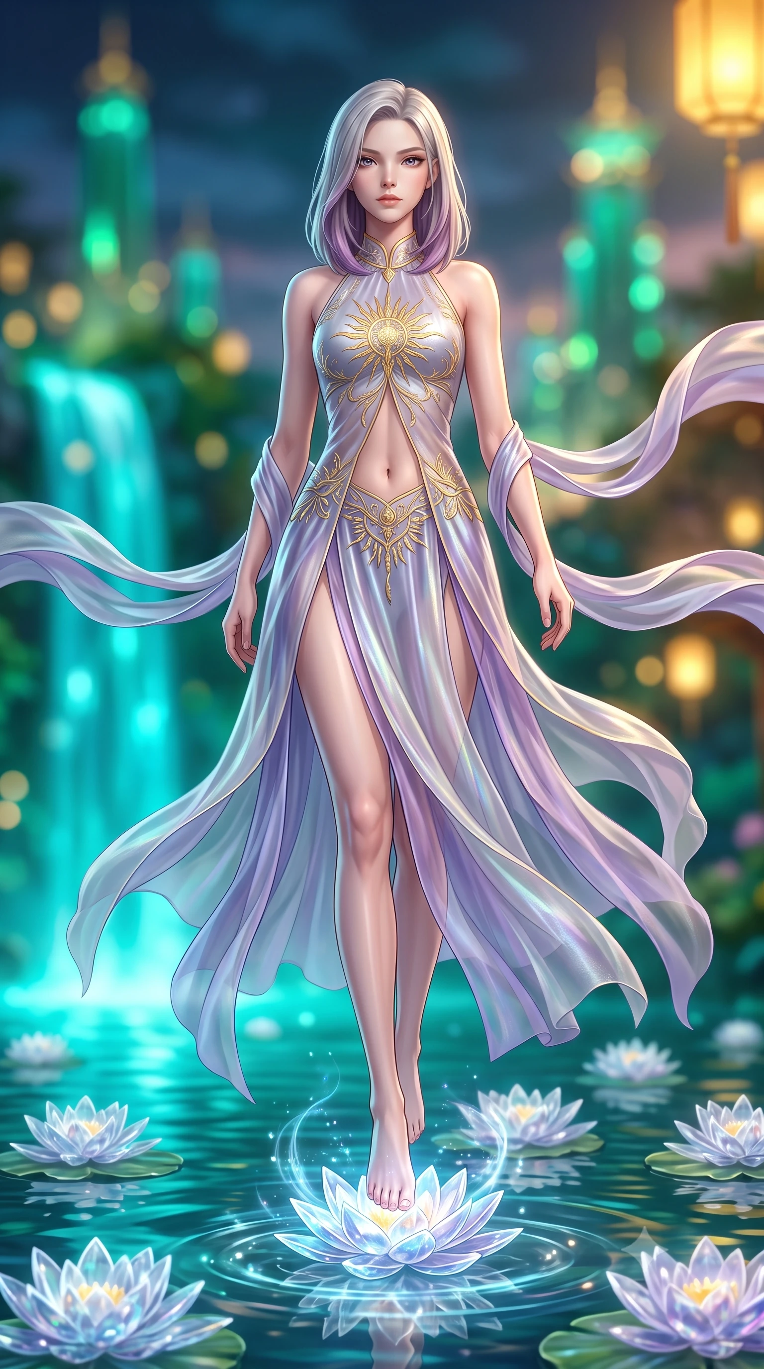 score_9, masterpiece, best quality, ultra-detailed, high-budget anime keyframe, semi-realistic 3D game render, editorial fashion photography, tasteful artistic composition, Caucasian woman. low angle full-body shot from head to toe showing her feet, filling the entire 9:16 vertical frame with her statuesque presence, stretching her vertical silhouette. stepping forward gracefully in mid-motion, displaying her toned flat midriff and flawlessly sculpted slender limbs while stepping lightly across floating crystal water lilies that chime with soft musical tones under her feet. The composition keeps background elements in soft focus with creamy bokeh. bioluminescent turquoise waterfalls and towering jade palace spires blurred into glowing emerald, teal, and gold bokeh. She has an absolutely perfect, statuesque 8.5-heads proportion, an exceptionally tall and slender model-like female figure with impossibly long slender legs, a toned flat midriff, and an ultra-slim waist. sharp v-shaped jawline, high-bridge nose, intricate jewel-like eyes with depth, thick eyelashes, glossy lips with a natural sheen, captivating and magnetic expression, flawlessly proportioned anatomical accuracy, strict slender model proportions, natural body alignment, perfectly sculpted long slender limbs, ultra-slim waistline, clean dynamic posture without body distortion. wearing a celestial priestess halter gown with golden sunburst embroidery and sheer leg veils in moonlit silver and lavender mist, made of semi-translucent iridescent organza shifting between silver and violet, complemented by long flowing silk arm ribbons that float weightlessly in the air, the breezy yet form-flattering drape swaying gracefully with her steps, accentuating her long willowy limbs and slim waistline. bathed in luminous cyan dragon spring uplights and warm imperial gold lantern downlights. highly saturated vibrant anime colors, detailed shading with soft gradients, rich glossy textures, high-contrast stereoscopic depth, volumetric dynamic lighting, master piece, 9:16 ratio