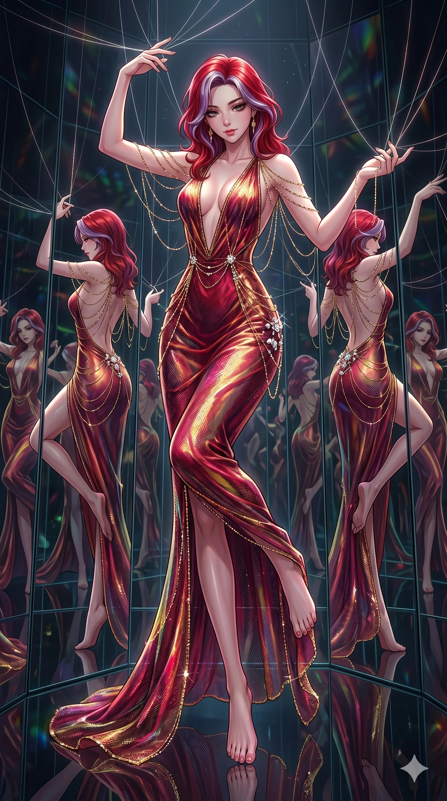score_9, masterpiece, best quality, ultra-detailed, High-budget Anime Keyframe, East Asian woman. Dynamic full-body shot stretching the vertical silhouette to the limit. Scenario 136: Suspended by invisible silk threads in a hall of mirrors. Her presence is magnetic and overpowering in this high-budget anime scene. Outfit 136: A molten liquid silk mesh with a plunging V-neckline and fine gold chains. The clothing is designed to emphasize her exceptionally tall and slender 8-heads proportion. 8-heads proportion, towering silhouette, ultra-slim waist. sharp v-shaped jawline, intricate jewel-like eyes with depth, thick eyelashes, glossy lips. 2k, ultra detail, master piece, 9:16 ratio