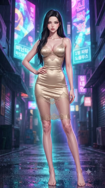 score_9, masterpiece, best quality, ultra-detailed, high-budget anime keyframe, editorial fashion photography, tasteful artistic composition, Korean woman. low angle full-body shot from head to toe showing her feet, filling the entire 9:16 vertical f