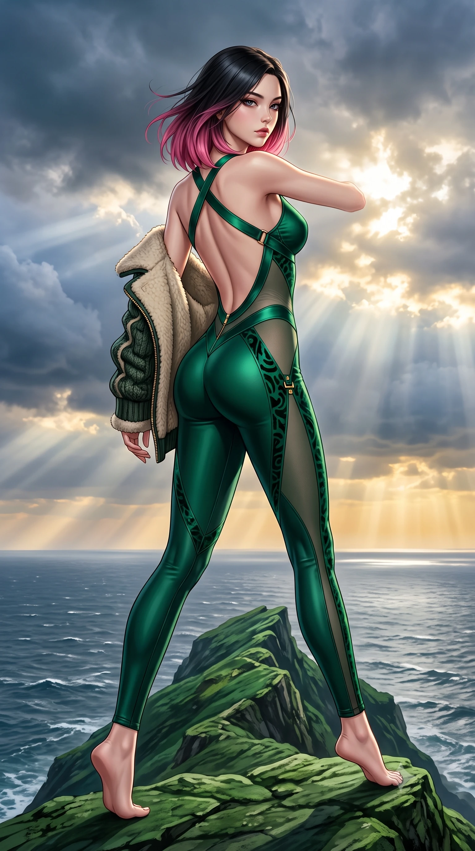 score_9, masterpiece, best quality, ultra-detailed, high-budget anime keyframe, semi-realistic 3D game render, editorial fashion photography, tasteful artistic composition, Korean woman. low angle full-body shot from head to toe showing her feet, filling the entire 9:16 vertical frame with her statuesque presence, stretching her vertical silhouette. striding forward in a proud supermodel runway stride, hips swaying in an alluring kinetic rhythm that accentuates her curvy hourglass silhouette while standing on the narrow emerald ridge high above the North Atlantic, arching her back as dramatic Nordic storm clouds break into golden sunbeams. The surrounding environment is rendered in vivid detail and crisp panoramic clarity. detailed heavy knit and shearling outerwear drape, wind-blown hair strands, and North Atlantic horizon in high clarity. She has an exceptionally tall and slender model-like 8.5-heads proportion, an ultra-slim waist, a flat toned midriff, narrow delicate ribcage, and beautifully sculpted feminine hips creating a graceful, slim hourglass silhouette without any bulky heaviness, with impossibly long slender legs. sharp v-shaped jawline, high-bridge nose, intricate jewel-like eyes with depth, thick eyelashes, glossy parted lips with a natural sheen, intensely captivating and seductive bedroom-eyes expression, flawlessly proportioned anatomical accuracy, strict slender model proportions, natural body alignment, perfectly sculpted long slender limbs, ultra-slim waistline, clean dynamic posture without body distortion. wearing a second-skin compression catsuit with an open back and sheer mesh side waist contouring in deep emerald green satin and gold hardware, made of sheer contouring power-mesh with velvet flocking patterns, finished with criss-cross back satin straps highlighting her graceful shoulder blades, the dramatically scooped open back descending to the base of her spine, accentuating her razor-sharp statuesque lines and slim hourglass silhouette. illuminated by crisp oceanic ambient light contouring her razor-sharp jawline, narrow waist, and curvy hips. highly saturated vibrant anime colors, detailed shading with soft gradients, rich glossy textures, high-contrast stereoscopic depth, volumetric dynamic lighting, master piece, 9:16 ratio