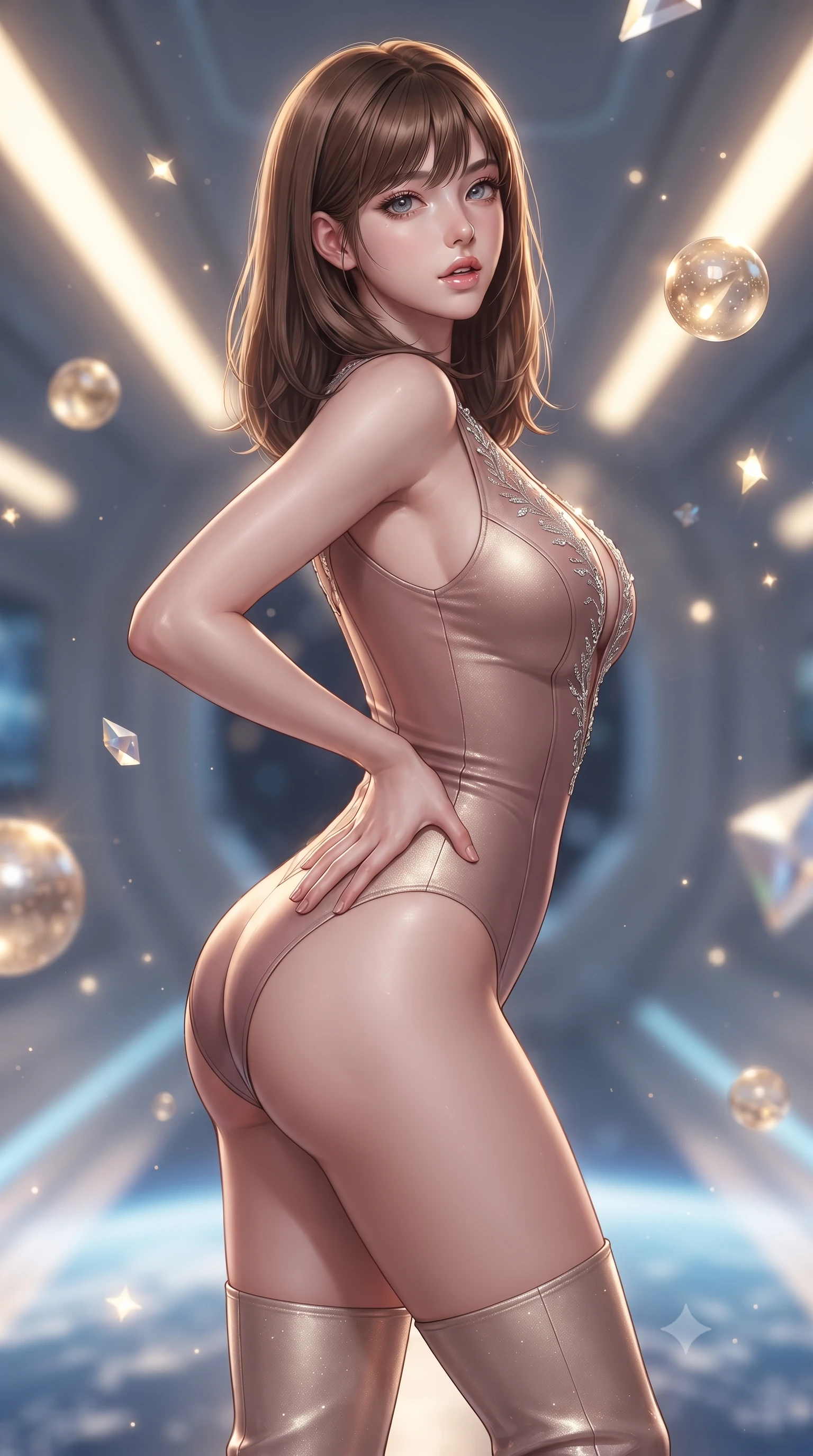 score_9, masterpiece, best quality, ultra-detailed, high-budget anime keyframe, editorial fashion photography, tasteful artistic composition, Korean woman. close-up cowboy shot from the waist and thighs up, the character dominates the composition, filling the frame with her large presence. posing in an alluring rear three-quarter angle, arching her lower back in a pronounced S-curve with one hand on her hip, glancing seductively over her bare shoulder with parted glossy lips while pivoting gracefully along the illuminated orbital corridor, her liquid metallic garments clinging to her sculpted flat midriff and feminine hips. The composition keeps background elements in soft focus with creamy bokeh. floating zero-gravity champagne spheres and prism reflections scattering radiant celestial light motes. She has an exceptionally elegant, slender, and willowy female figure with an ultra-slim waist, flat toned midriff, narrow ribcage, and sculpted feminine hips creating an alluring, slim hourglass silhouette without bulk. sharp v-shaped jawline, high-bridge nose, intricate jewel-like eyes with depth, thick eyelashes, glossy parted lips with a natural sheen, intensely captivating and seductive bedroom-eyes expression, flawlessly proportioned anatomical accuracy, strict slender model proportions, natural body alignment, perfectly sculpted long slender limbs, ultra-slim waistline, clean dynamic posture without body distortion. wearing a form-contouring equestrian leather-and-gabardine bodysuit with a deep plunge neckline and riding boots in dusky blush rose and shimmering champagne shimmer, tailored from liquid silk jersey adhering flawlessly to her slender build, finished with delicate crystal frost embroidery tracing the plunging neckline, the liquid-tight tailored fabric clinging flawlessly to her narrow waist and rounded feminine hips, emphasizing every millimeter of her sculpted slim hourglass curves without any bulky heaviness. bathed in radiant golden orbital sunrise backlighting and ambient cool blue Earth glow from below. ultra-reflective glossy finish, specular highlights, rich textural contrasts, high-contrast stereoscopic depth, volumetric dynamic lighting, 2k, ultra detail, master piece, 9:16 ratio