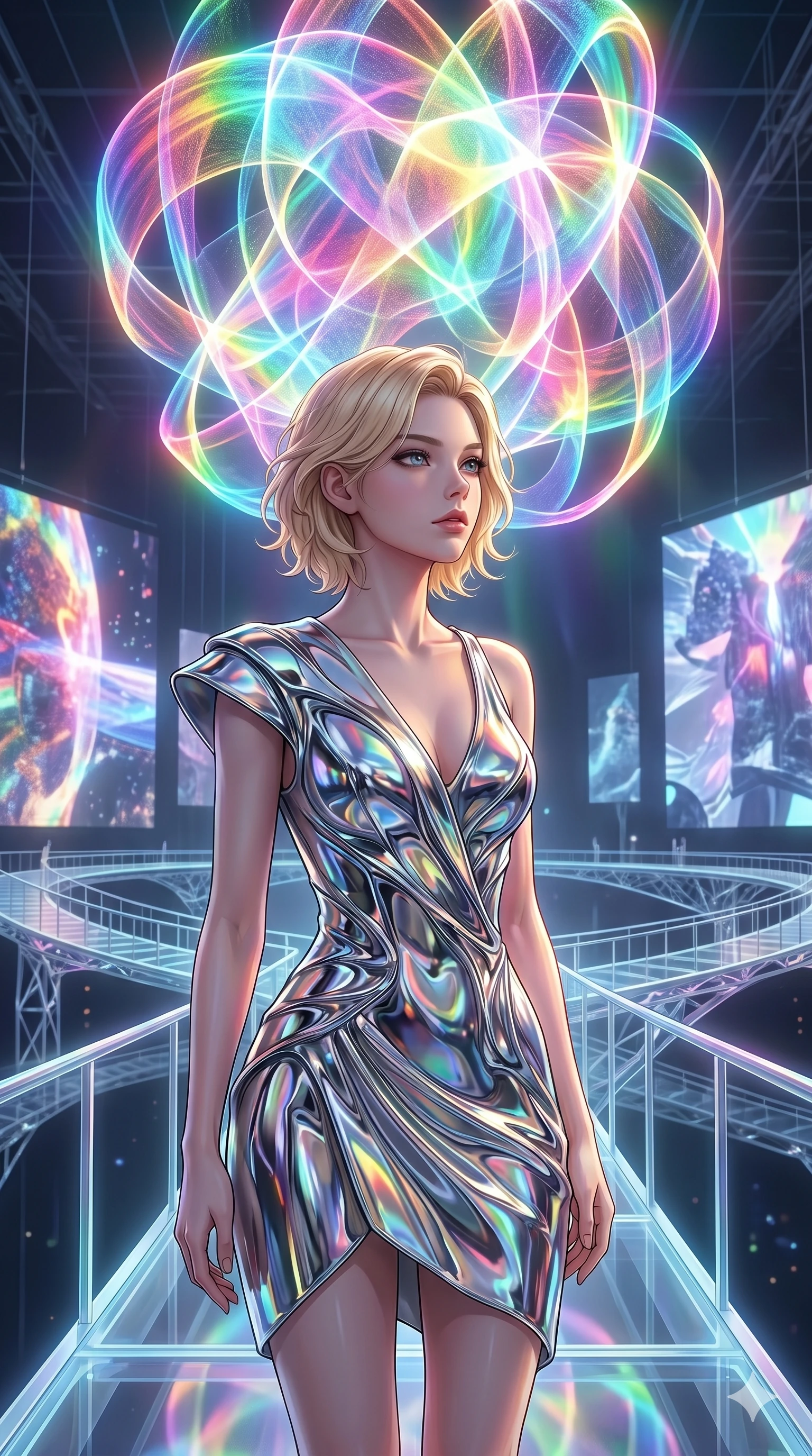score_9, masterpiece, best quality, ultra-detailed, high-budget anime keyframe, editorial fashion photography, tasteful artistic composition, Caucasian woman, strictly human ears. Upper body close-up from the thighs up, character filling the screen for maximum presence. Standing on a floating bridge in a virtual museum of digital art, observing a giant abstract light sculpture with a serene, captivating gaze. She is wearing an asymmetrical dress in liquid-chrome finish with a refined V-neckline. The scene is bathed in the shifting rainbow colors of the surrounding digital exhibits. 2k, ultra detail, master piece, 9:16 ratio