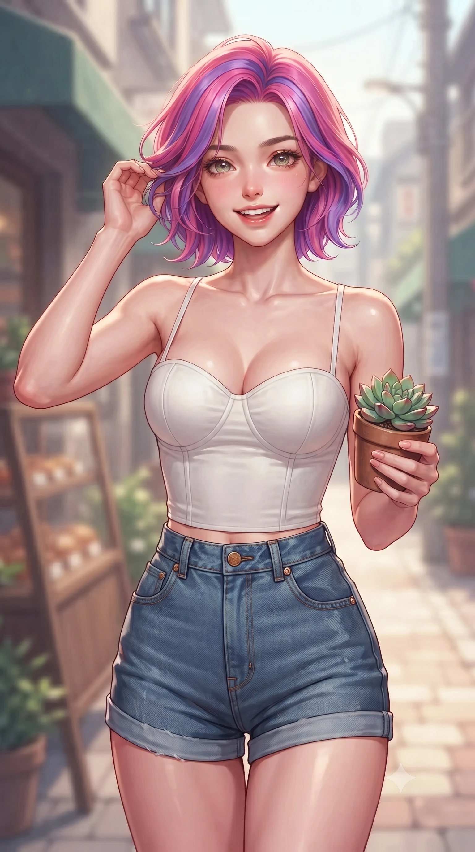 score_9, masterpiece, best quality, ultra-detailed, high-budget anime keyframe, editorial fashion photography, tasteful artistic composition, Caucasian woman. close-up cowboy shot from the waist and thighs up, the character dominates the composition, filling the frame with her large presence, background elements kept in soft focus. flashing an intoxicating, sunny grin while brushing a strand of hair away from her face set against a soft-focus background of in front of a cozy bakery shop in a quiet residential alley holding a small potted succulent with a delighted, cute expression. She has an exceptionally elegant, slender, and willowy female figure with an ultra-slim waist, a gracefully sculpted slender torso, and a refined silhouette. sharp v-shaped jawline, high-bridge nose, intricate jewel-like eyes with depth, thick eyelashes, glossy lips with a natural sheen. wearing body-hugging tailored cotton bustier top paired with high-waist denim shorts. soft diffused daylight creating a warm, cozy and nostalgic atmosphere. highly saturated vibrant anime colors, detailed shading with soft gradients, rich glossy textures, high-contrast stereoscopic depth, volumetric dynamic lighting, master piece, 9:16 ratio