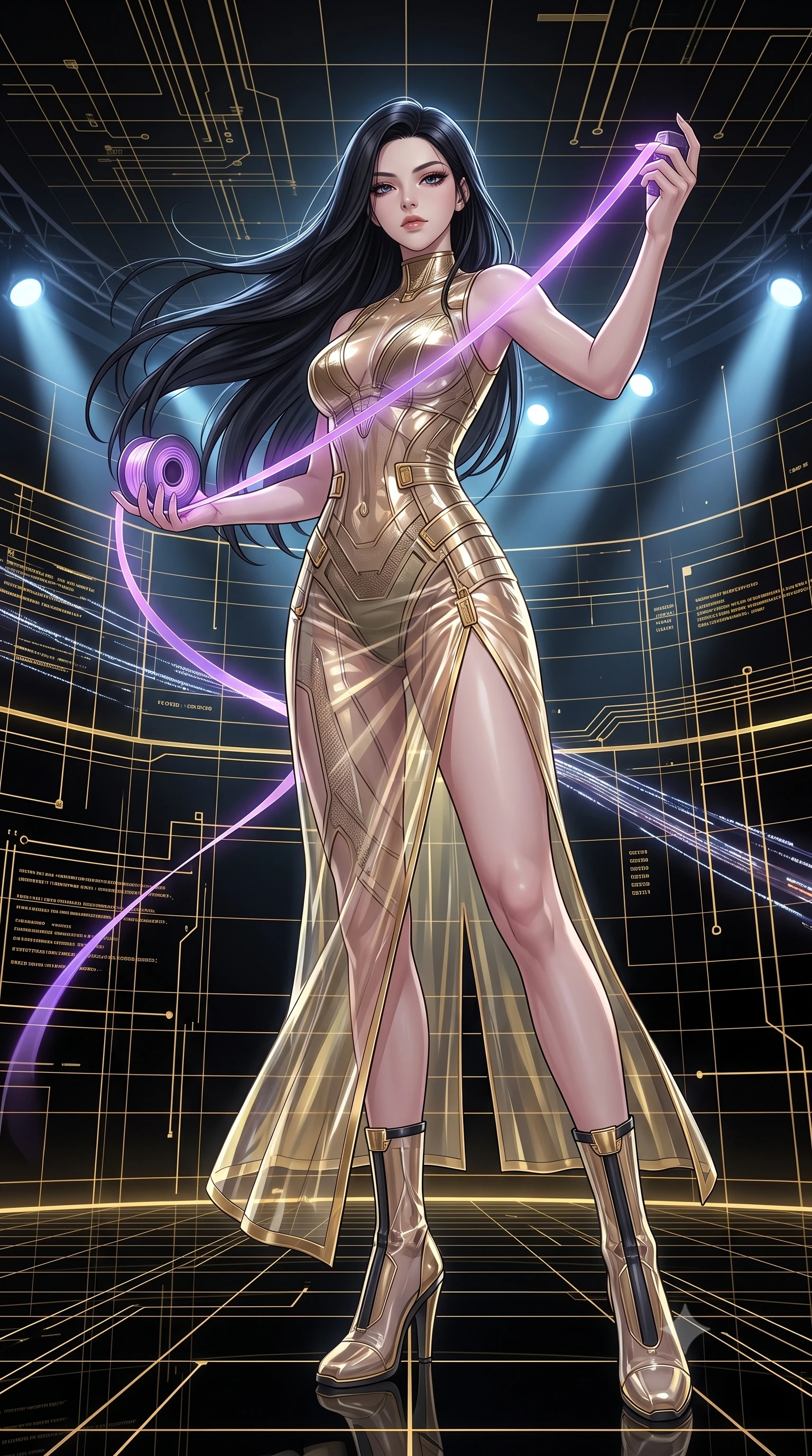 score_9, masterpiece, best quality, ultra-detailed, High-budget Anime Keyframe, East Asian woman. Low angle cowboy shot filling the entire 9:16 frame with her statuesque presence. Scenario 386: unravelling a spool of glowing violet ribbon in a digital arena where gold gridlines project onto the black walls. Her presence is magnetic and overpowering in this high-budget anime scene. Outfit 386: a slim-fit translucent PVC gold with a thigh-high slit and translucent layers. The clothing is designed to emphasize her exceptionally tall and slender 8-heads proportion. 8-heads proportion, towering silhouette, ultra-slim waist. sharp v-shaped jawline, intricate jewel-like eyes with depth, thick eyelashes, glossy lips. 2k, ultra detail, master piece, 9:16 ratio