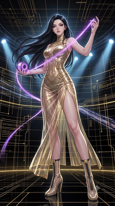 score_9, masterpiece, best quality, ultra-detailed, High-budget Anime Keyframe, East Asian woman. Low angle cowboy shot filling the entire 9:16 frame with her statuesque presence. Scenario 386: unravelling a spool of glowing violet ribbon in a digita