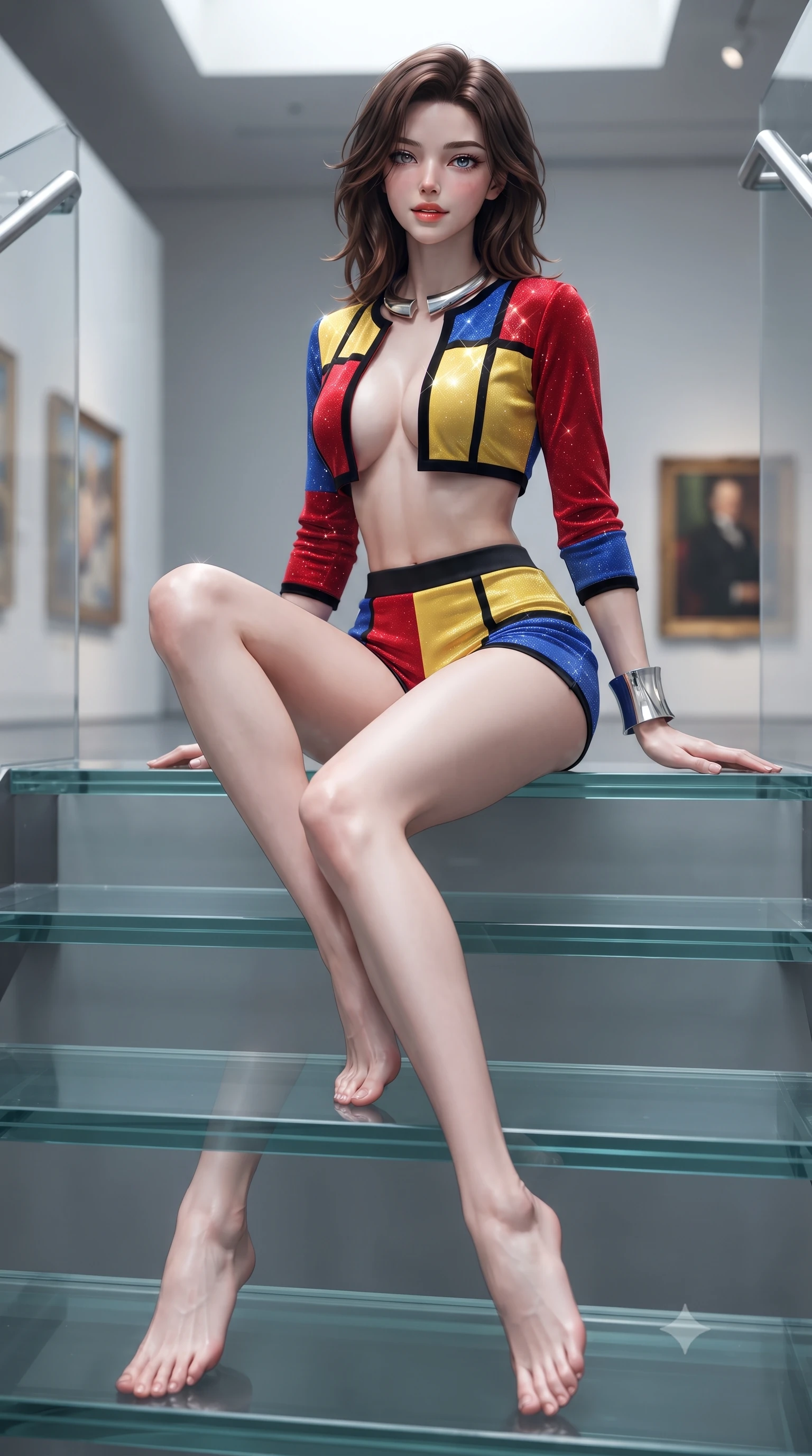 score_9, masterpiece, best quality, ultra-detailed, high-budget anime keyframe, editorial fashion photography, tasteful artistic composition, Korean woman. low angle full-body shot from head to toe showing her feet, filling the entire 9:16 vertical frame with her statuesque presence, stretching her vertical silhouette. stepping slowly toward the camera with hypnotic grace, hips swaying in an alluring sensual rhythm that accentuates her curvy hourglass silhouette and long slender legs while sitting on a glass stair step with legs extended gracefully downward, displaying her impossibly long slender limbs with effortless poise. The background shows a soft-focus distant gallery paintings softened in high-tech architectural shallow focus. She has an absolutely perfect, statuesque 8.5-heads proportion, an exceptionally tall and slender model-like female figure with impossibly long slender legs, an ultra-slim waist, a flat toned midriff, narrow delicate ribcage, and beautifully sculpted feminine hips creating a graceful, slim hourglass silhouette without any bulky heaviness. sharp v-shaped jawline, high-bridge nose, sparkling eyes with hypnotic seductive depth, thick curled eyelashes, glossy parted lips with a natural dewy peach sheen, alluring bedroom-eyes with an enchanting coquettish smile, exuding magnetic siren charisma and sophisticated glamour, flawlessly proportioned anatomical accuracy, strict slender model proportions, natural body alignment, perfectly sculpted long slender limbs, ultra-slim waistline, clean dynamic posture without body distortion. wearing a modern two-piece vampire siren set featuring an open-front velvet bolero and curve-hugging satin hot-pants in Mondrian primary red, canary yellow, and electric cobalt blue, woven from stretch metallic lurex jersey casting radiant starlight glints across her silhouette, finished with a sculptural silver torque collar and a matching wide architectural wrist cuff, the liquid-tight tailored fabric clinging flawlessly to her narrow waist and rounded feminine hips, emphasizing every millimeter of her sculpted slim hourglass curves without any bulky heaviness. illuminated by glass refraction bounce and sharp platinum rim lights sculpting her razor-sharp jawline, narrow waist, and curvy hips. ultra-reflective glossy finish, specular highlights, rich textural contrasts, high-contrast stereoscopic depth, volumetric dynamic lighting, 2k, ultra detail, master piece, 9:16 ratio