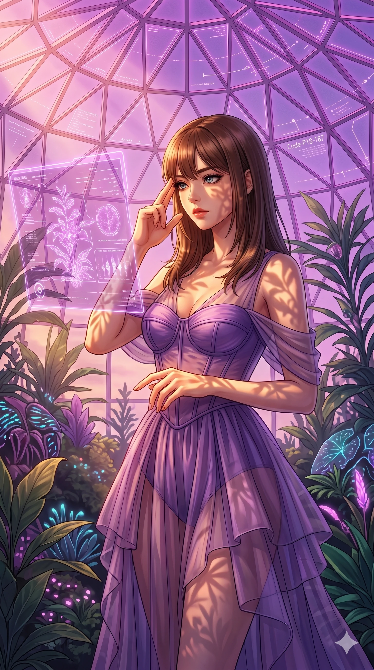 score_9, masterpiece, best quality, ultra-detailed, high-budget anime keyframe, editorial fashion photography, tasteful artistic composition, Korean woman. cowboy shot from the thighs up, character and outfit filling the frame for maximum editorial presence. pressing two fingers to her temple, looking at the hologram with quiet, sharp focus in a futuristic greenhouse under a dome of glowing violet-pink glass (Code-P18-187). She has an absolutely perfect 8-heads proportion, an exceptionally tall and slender female figure with impossibly long slender legs and an ultra-slim waist. V-shaped jawline, high-bridge nose, intricate jewel-like eyes with depth, thick eyelashes, glossy lips with a natural sheen. wearing a sheer chiffon dress with a purple corset bodice. bathed in warm, golden afternoon sunbeams, casting soft organic leaf shadows on her skin. 2k, ultra detail, master piece, 9:16 ratio