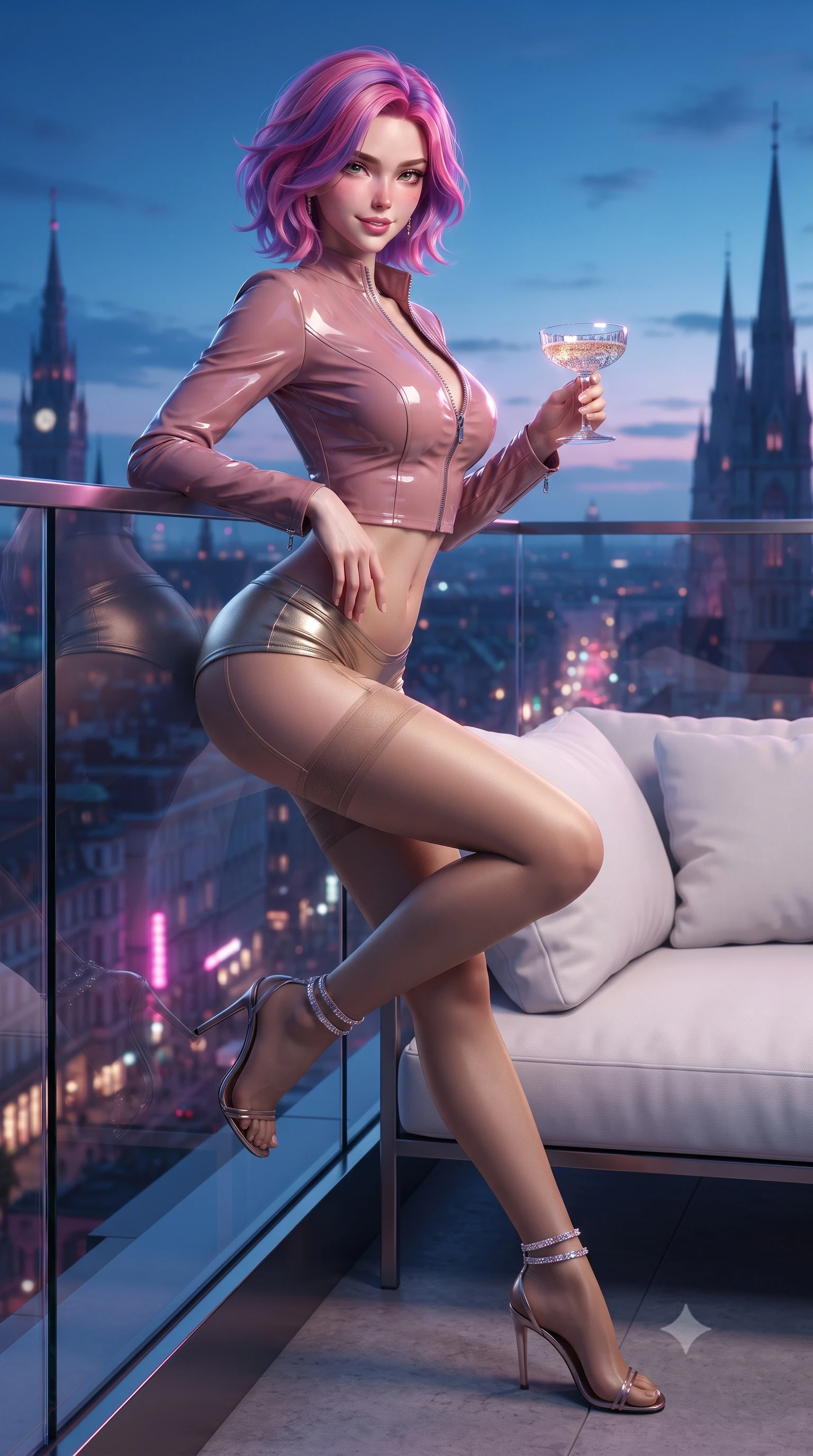 score_9, masterpiece, best quality, ultra-detailed, high-budget anime keyframe, editorial fashion photography, tasteful artistic composition, Caucasian woman. low angle full-body shot from head to toe showing her feet, filling the entire 9:16 vertical frame with her statuesque presence, stretching her vertical silhouette. leaning deep against the balcony balustrade with hips cocked back in an unapologetically alluring high-fashion stance, casting an intoxicating glance while lounging gracefully on a plush white outdoor sofa with one knee drawn up, holding a champagne coupe with effortless high-society poise. The surrounding environment is rendered in vivid detail and crisp panoramic clarity: sharp glass balustrade reflections, champagne bubbles in crystal glass, and distant architectural needle spires in deep focus. She has an absolutely perfect, statuesque 8.5-heads proportion, an exceptionally tall and slender model-like female figure with impossibly long slender legs, an ultra-slim waist, a flat toned midriff, narrow delicate ribcage, and beautifully sculpted feminine hips creating a graceful, slim hourglass silhouette without any bulky heaviness. sharp v-shaped jawline, high-bridge nose, sparkling eyes with hypnotic seductive depth, thick curled eyelashes, glossy parted lips with a natural dewy peach sheen, alluring bedroom-eyes with an enchanting coquettish smile, exuding magnetic siren charisma and sophisticated glamour, flawlessly proportioned anatomical accuracy, strict slender model proportions, natural body alignment, perfectly sculpted long slender limbs, ultra-slim waistline, clean dynamic posture without body distortion. wearing a form-fitting zip-front wet-look vinyl bolero jacket paired with low-rise metallic hot-pants and sheer stockings in dusky blush rose and antique gold trims, made of delicate semi-sheer Korean gossamer organza with subtle pearlescent glints, complemented by strappy stiletto sandals with crystal ankle wraps accentuating her slender calves, the glove-like clinging cut tightly following the natural contour of her hips and long slender legs with youthful 8.5-heads elegance. illuminated by glowing bar surface bounce and sharp magenta-gold rim lights sculpting her jawline, flat midriff, and curvaceous hips. ultra-reflective glossy finish, specular highlights, rich textural contrasts, high-contrast stereoscopic depth, volumetric dynamic lighting, 2k, ultra detail, master piece, 9:16 ratio