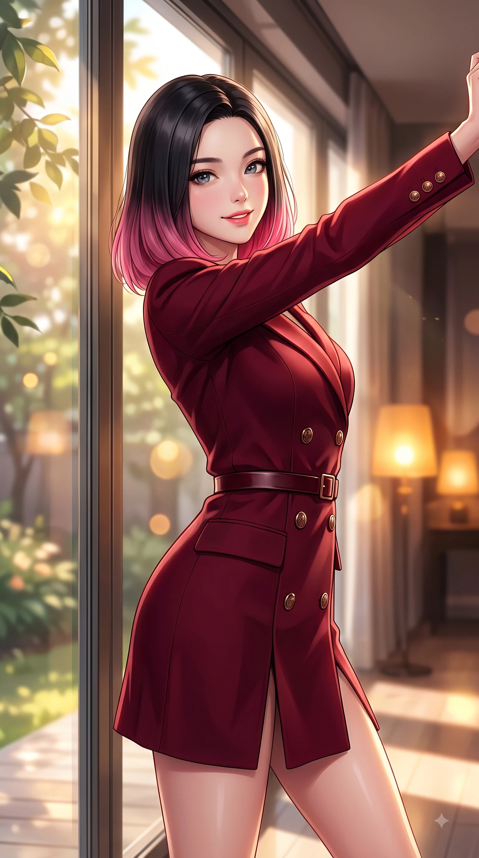 score_9, masterpiece, best quality, ultra-detailed, high-budget anime keyframe, editorial fashion photography, tasteful artistic composition, Korean woman. close-up cowboy shot from the waist and thighs up, the character dominates the composition, filling the frame with her large presence. Extending one arm in an elegant stretch toward the light while smiling with vibrant, youthful self-assurance while looking out a large glass window with a tender cute smile as golden light streams in. The composition keeps background elements in soft focus with dreamy bokeh. garden leaves outside glass windows softened by gentle warm depth of field. She has an exceptionally elegant, slender, and willowy female figure with an ultra-slim waist, a gracefully sculpted slender torso, and a refined silhouette. sharp v-shaped jawline, high-bridge nose, intricate jewel-like eyes with depth, thick eyelashes, glossy lips with a natural sheen, flawlessly proportioned anatomical accuracy, natural body alignment, perfectly sculpted elegant limbs, clean dynamic posture without body distortion. wearing a tailored double-breasted blazer dress with a sleek waist belt and clean lines in deep burgundy red and bronze accent, tailored from fine wool crepe with clean lines, featuring a sleek side leg slit ascending to mid-thigh, the elegant draped fit framing her graceful clavicle and slender torso. illuminated by soft glowing amber indoor lamps and natural garden reflections. highly saturated vibrant anime colors, detailed shading with soft gradients, rich glossy textures, high-contrast stereoscopic depth, volumetric dynamic lighting, master piece, 9:16 ratio